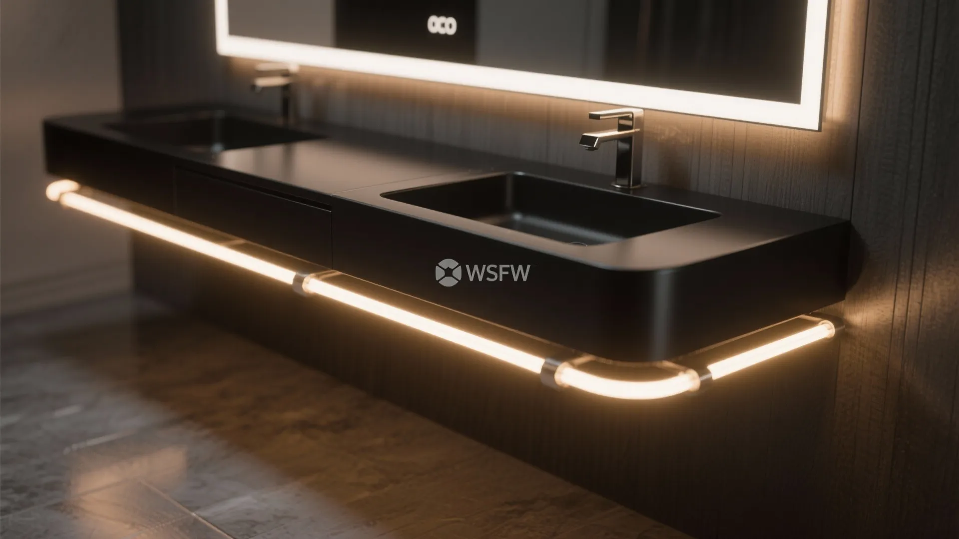 Modern black bathroom sink with glowing light strip under the counter and a backlit mirror
