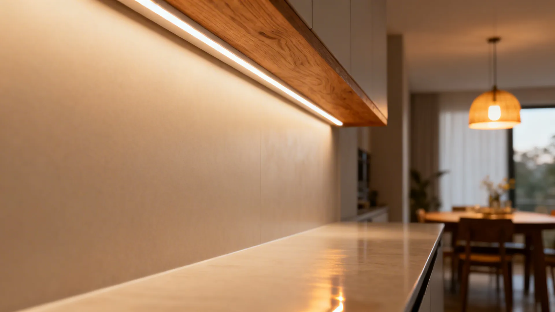 Close up of kitchen under cabinet light strip illuminating white countertop near wooden wall shelf