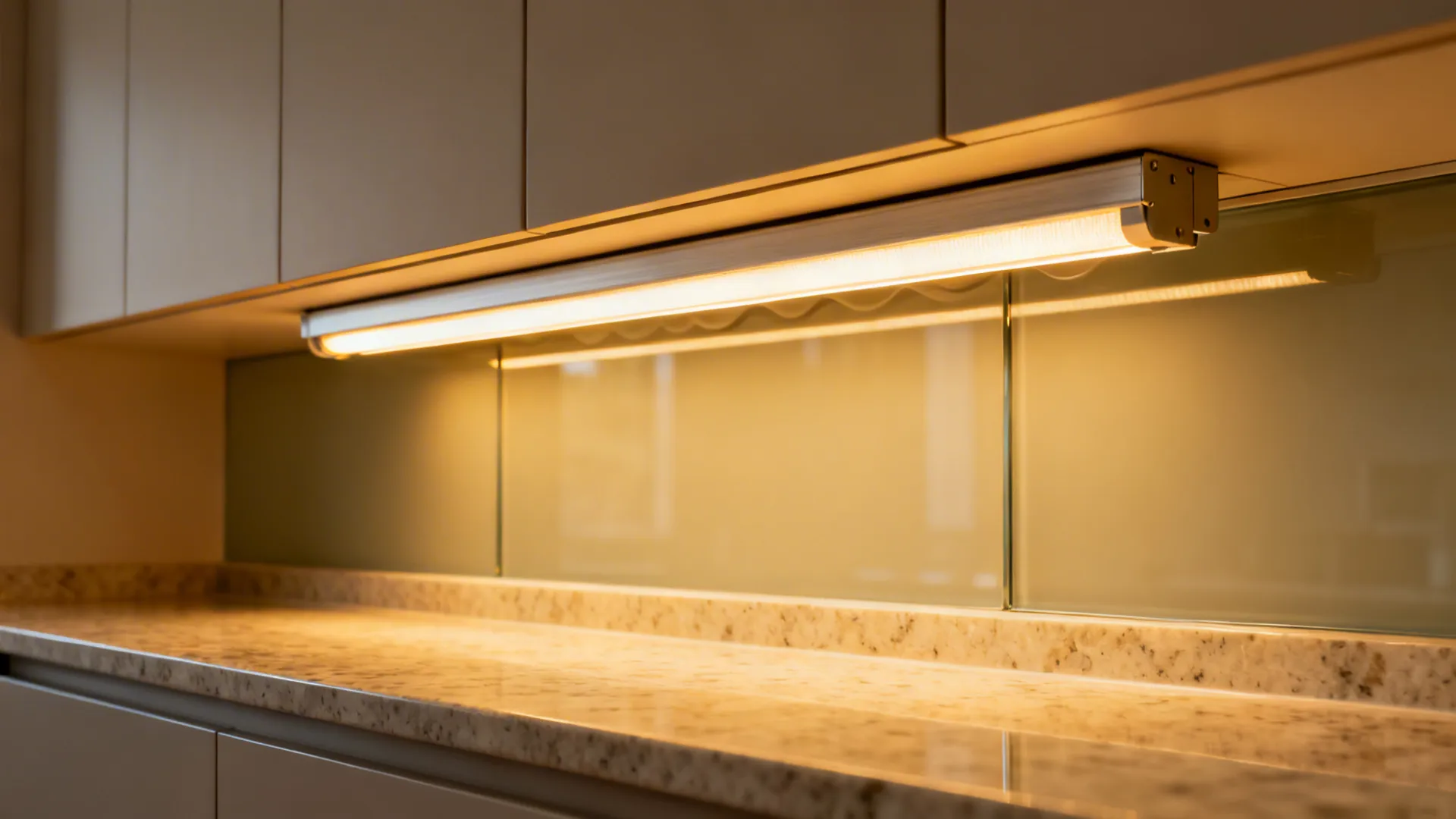 Close-up of under-cabinet LED strip with diffuser illuminating quartz and satin glass evenly.