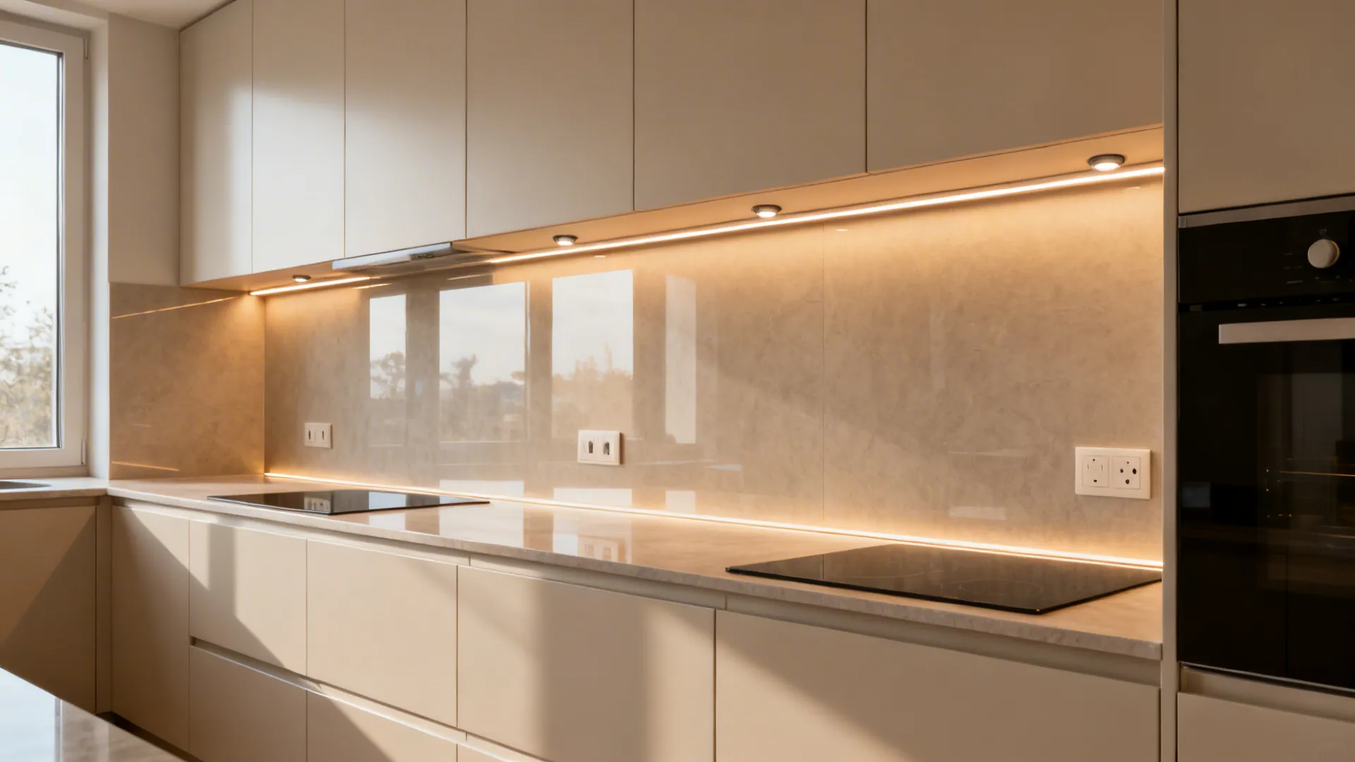 Kitchen elevation with under-cabinet LED strips and cleanly located switches.