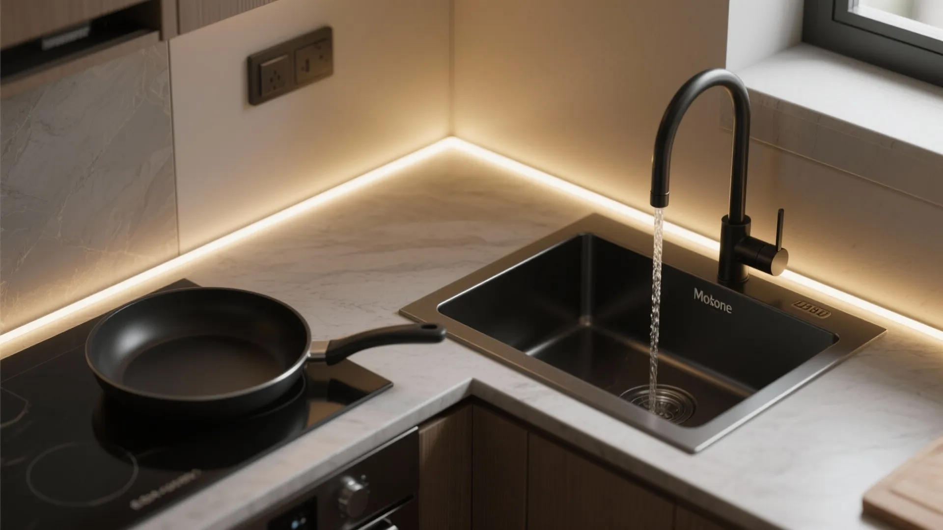 Black kitchen sink with running water from a black faucet and strip lighting under cabinets