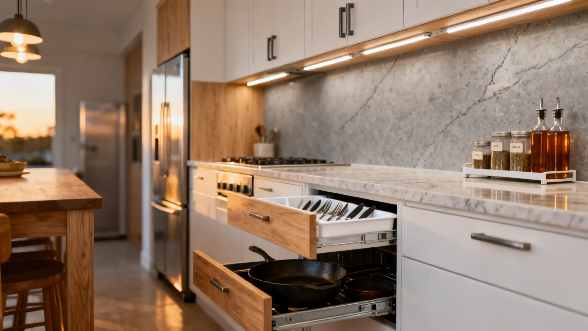 Under-cabinet warm LEDs light a worktop while organized drawers and a pull-out spice rack are open.