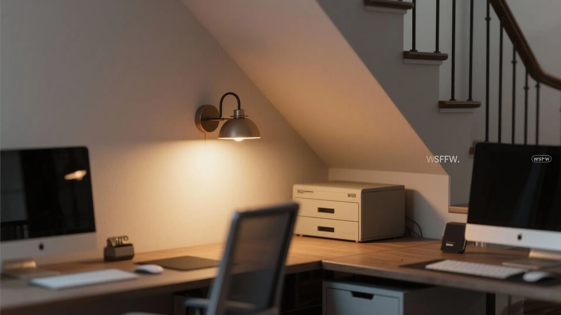 Warm wall light illuminating a wooden desk setup with computers and drawers under a staircase