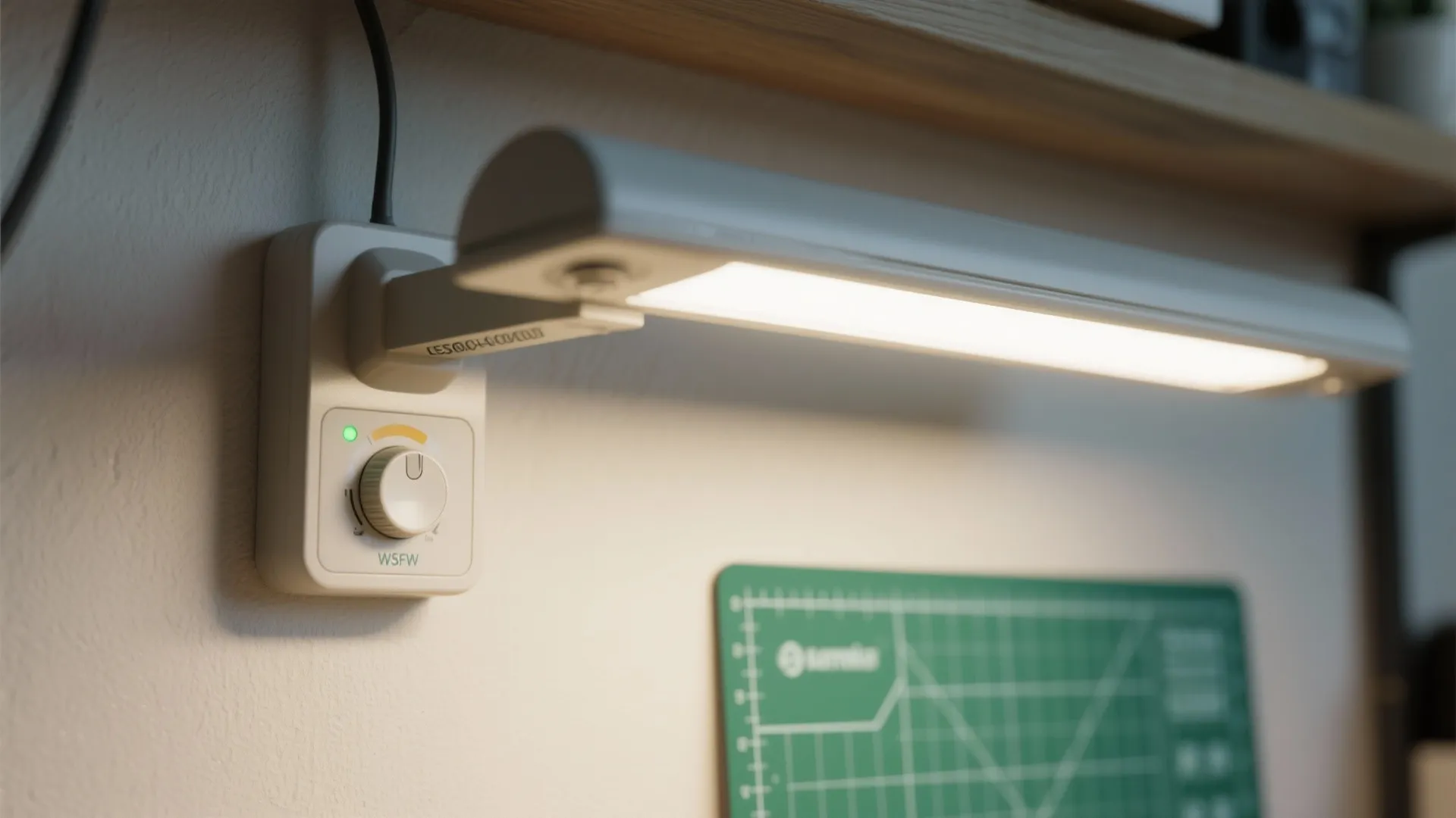 Modern wall light fixture with a control knob shining bright light onto a green cutting mat