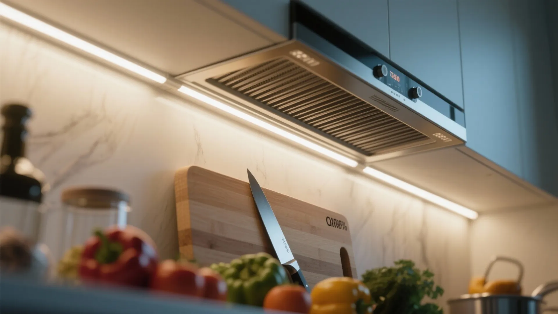 Under-cabinet warm LED lighting over a chopping board with a baffle filter hood above.