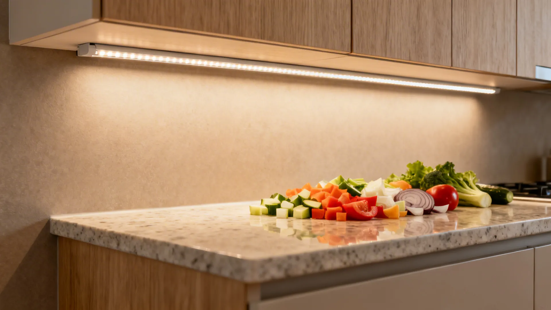 Macro of CRI 90+ under-cabinet LED lighting on quartz and matte backsplash with accurate colors.