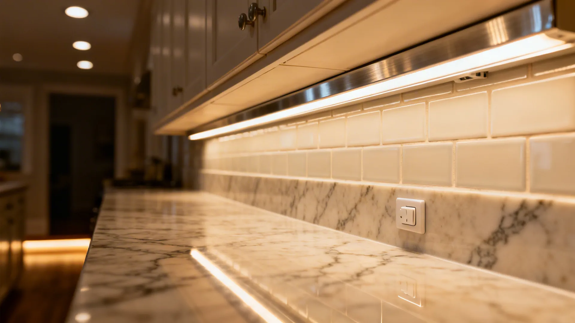Macro view of warm under-cabinet LED task lighting illuminating a quartz countertop.