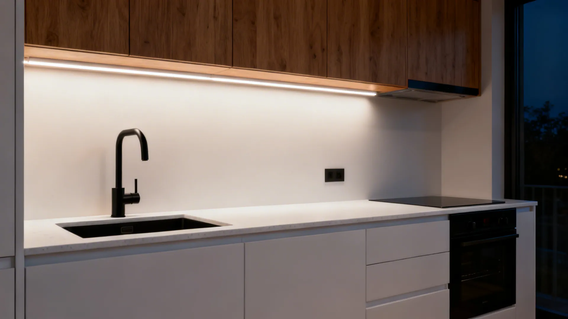 Night view of under-cabinet LED task lighting illuminating a compact kitchen countertop