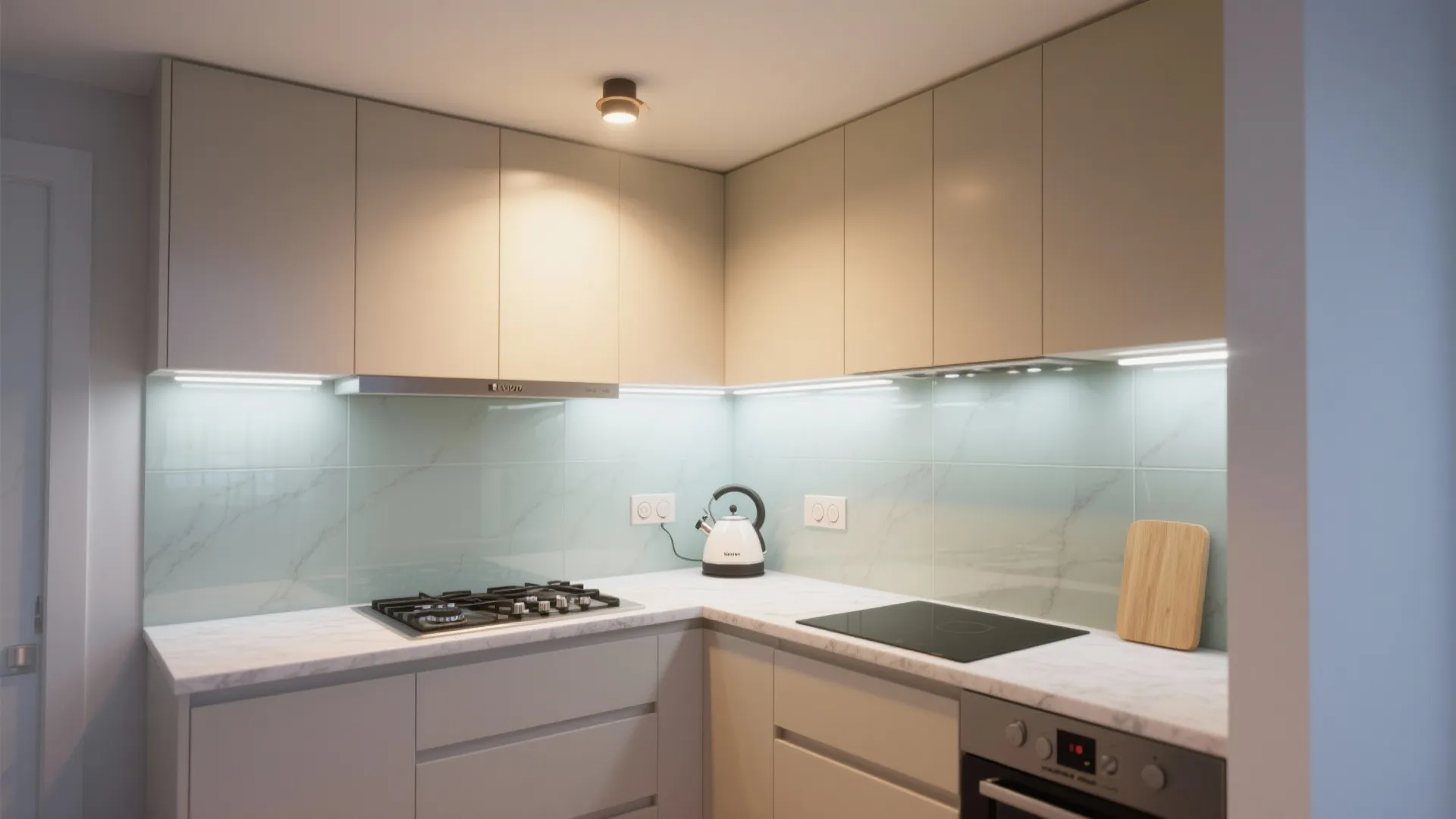 Modern kitchen corner with beige cabinets, marble countertop, white kettle, under-cabinet lighting, and small ceiling light