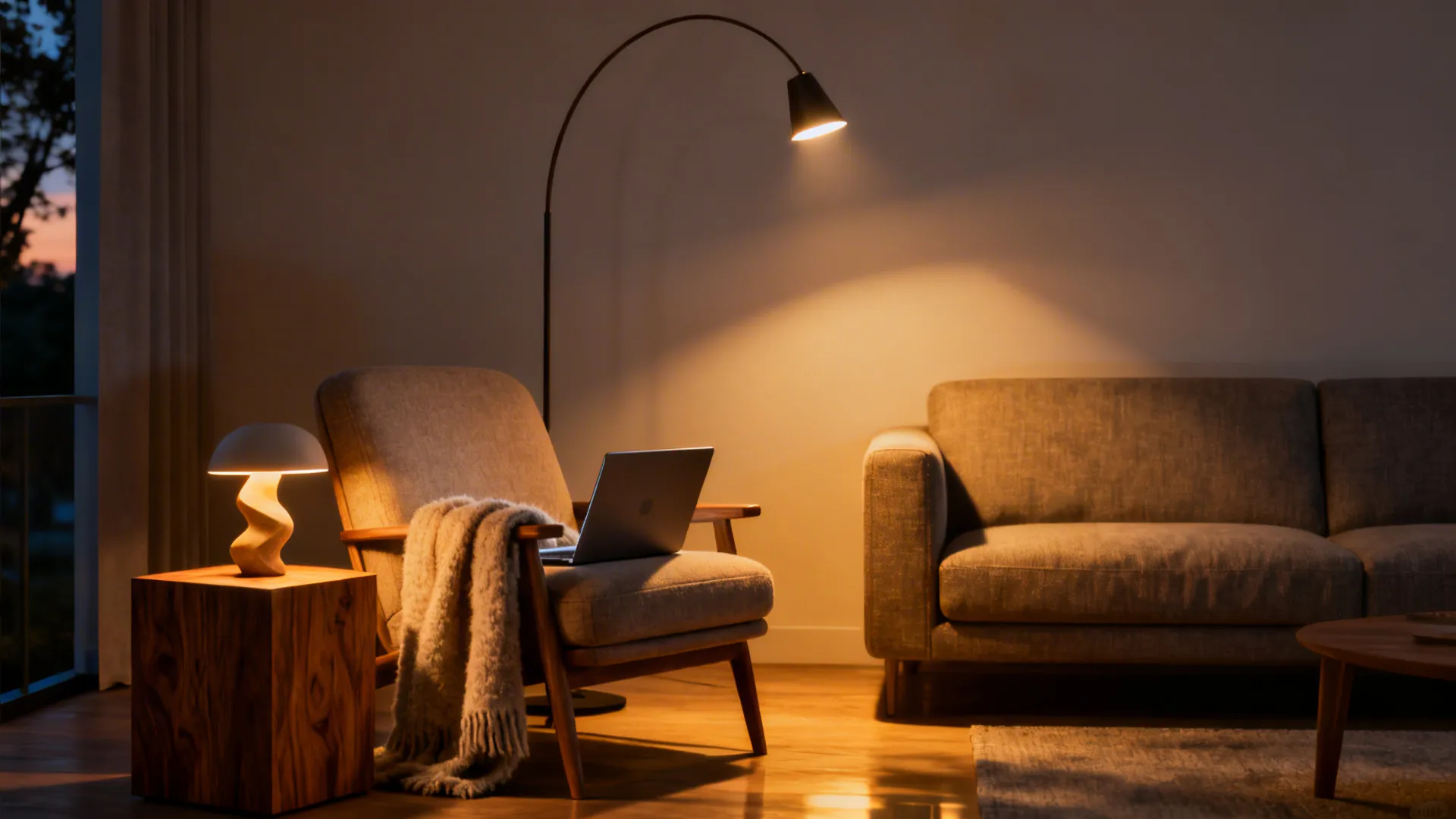 Reading corner with arched floor lamp and table lamp creating focused task lighting.