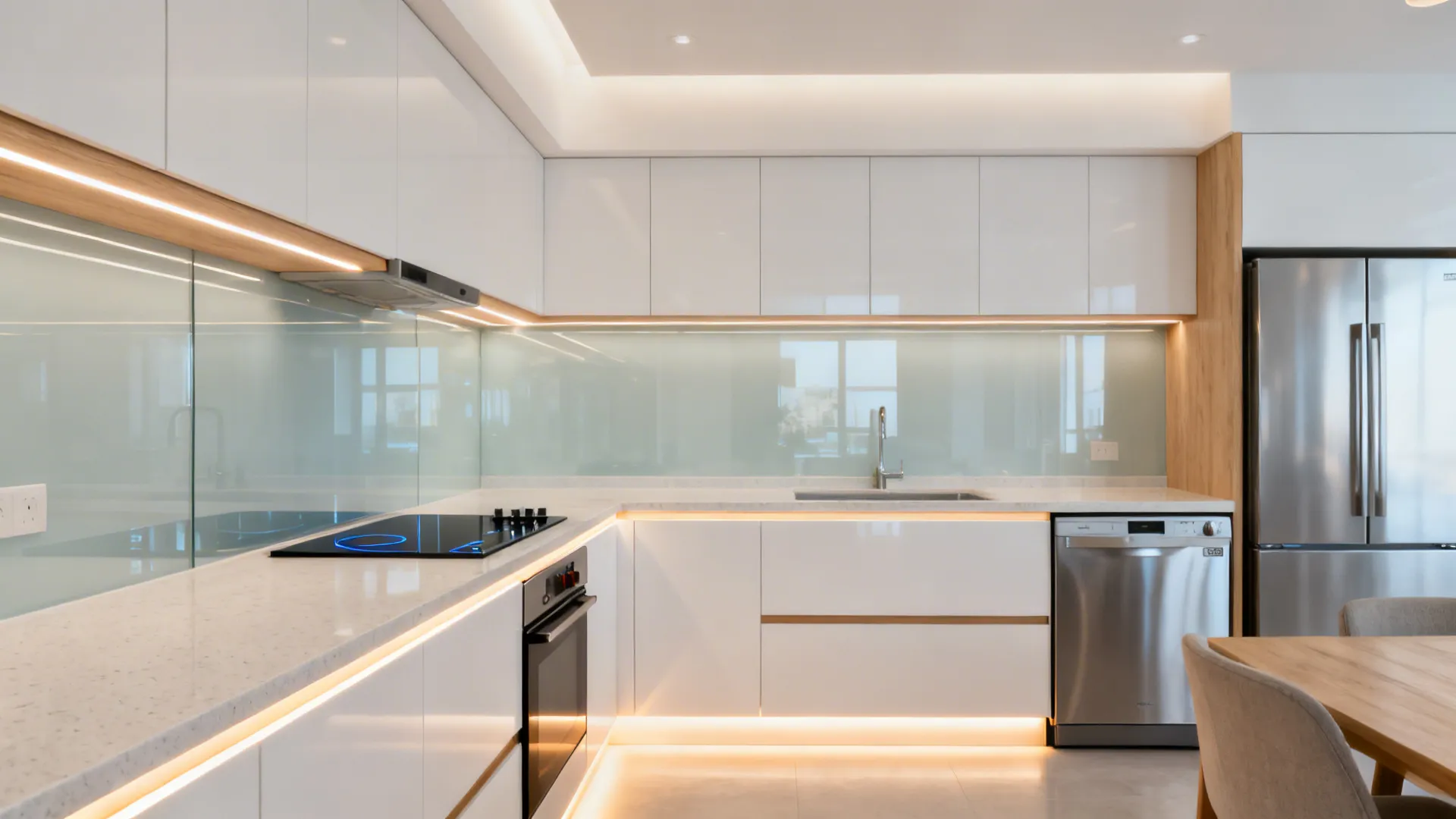 Modern white kitchen with led strip lights under cabinets glass backsplash and stainless steel appliances