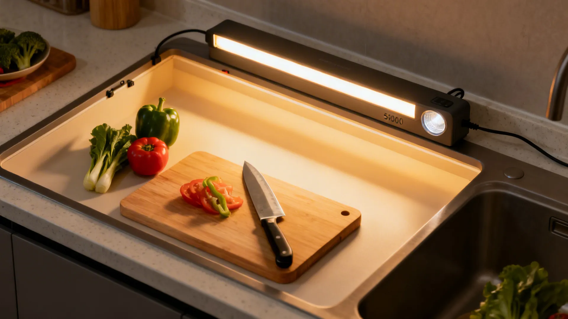 Top-down view of a kitchen prep zone evenly lit by a warm LED strip.