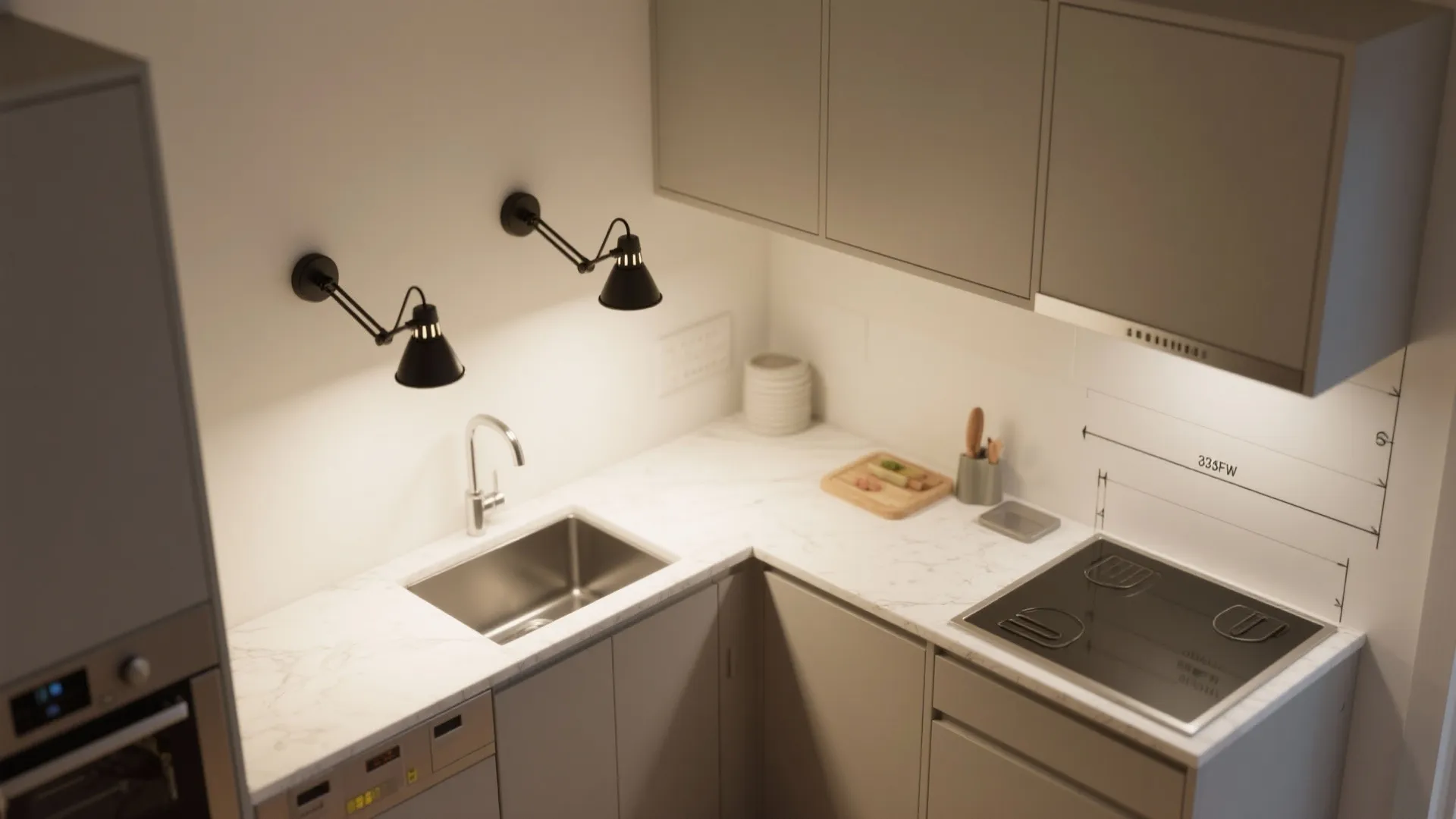 Adjustable swing-arm task lights over prep zones