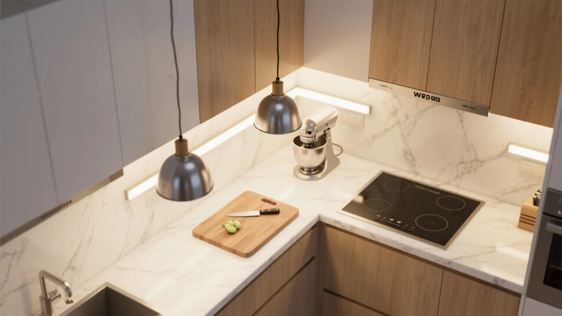 Top-down view showing focused pendants and under-cabinet lighting illuminating prep zones.