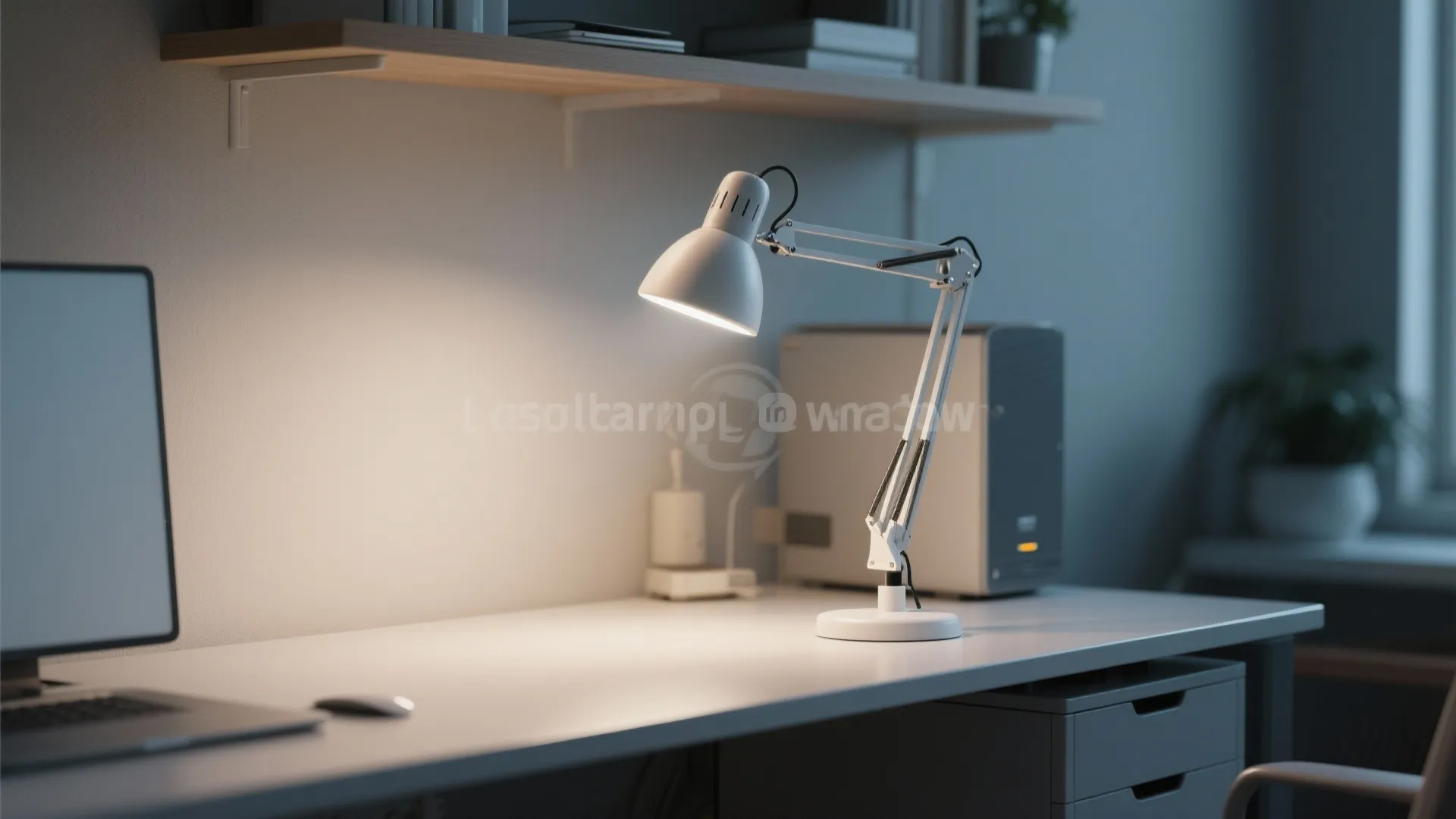 White desk lamp lighting up a clean workspace with a computer and some office storage