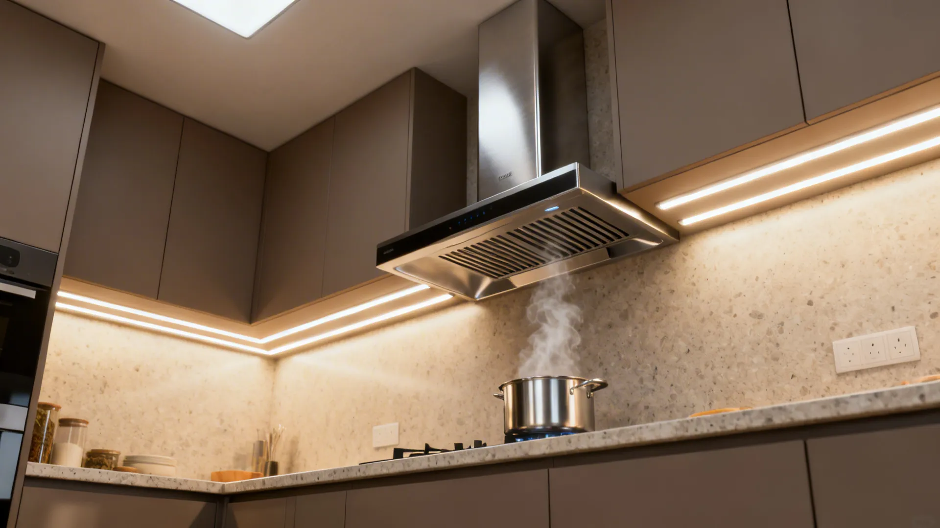 Compact kitchen with under-cabinet LEDs, warm task bar light, and a high-CFM chimney extracting steam.