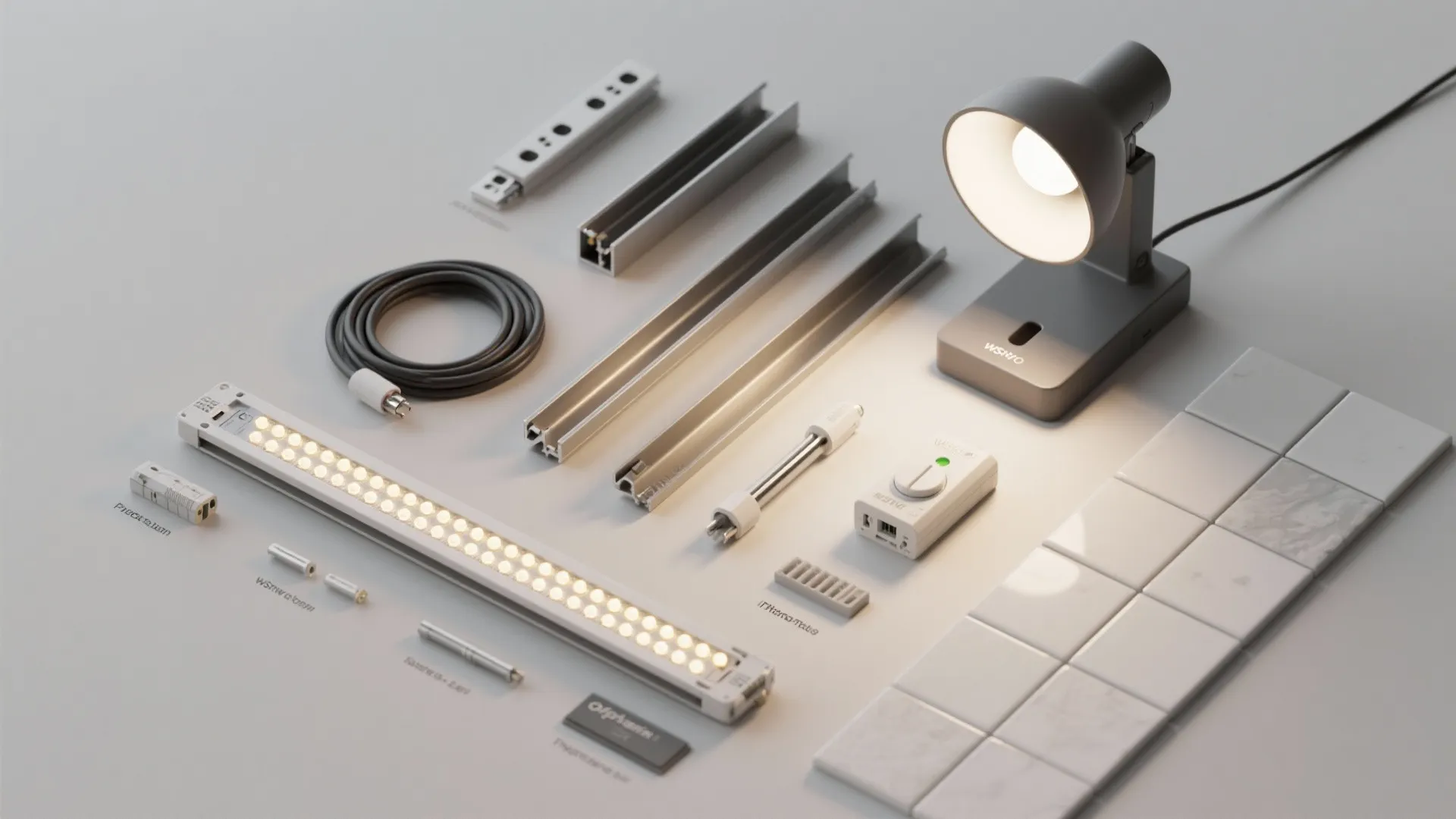 Various lighting design materials including led strips cables a small lamp and white floor tiles