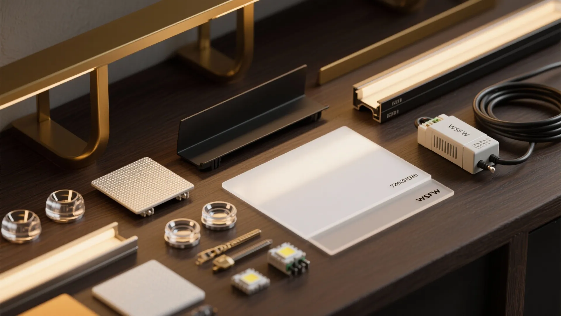 Flatlay of opal diffusers, microprism lenses, shielded LED profiles, and warm LED components.