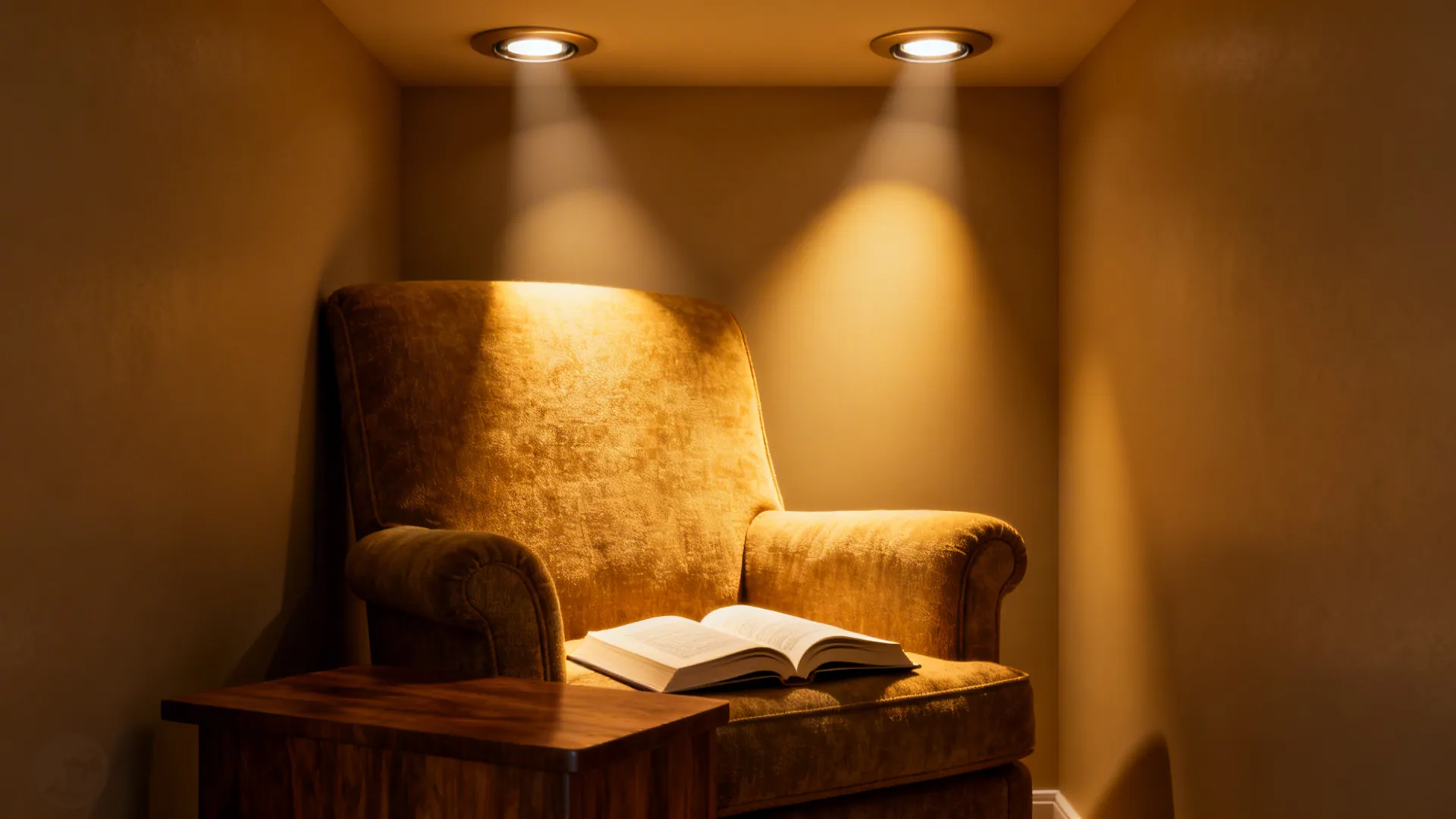 Cozy reading nook featuring brown armchair open book on seat side table and warm ceiling lights