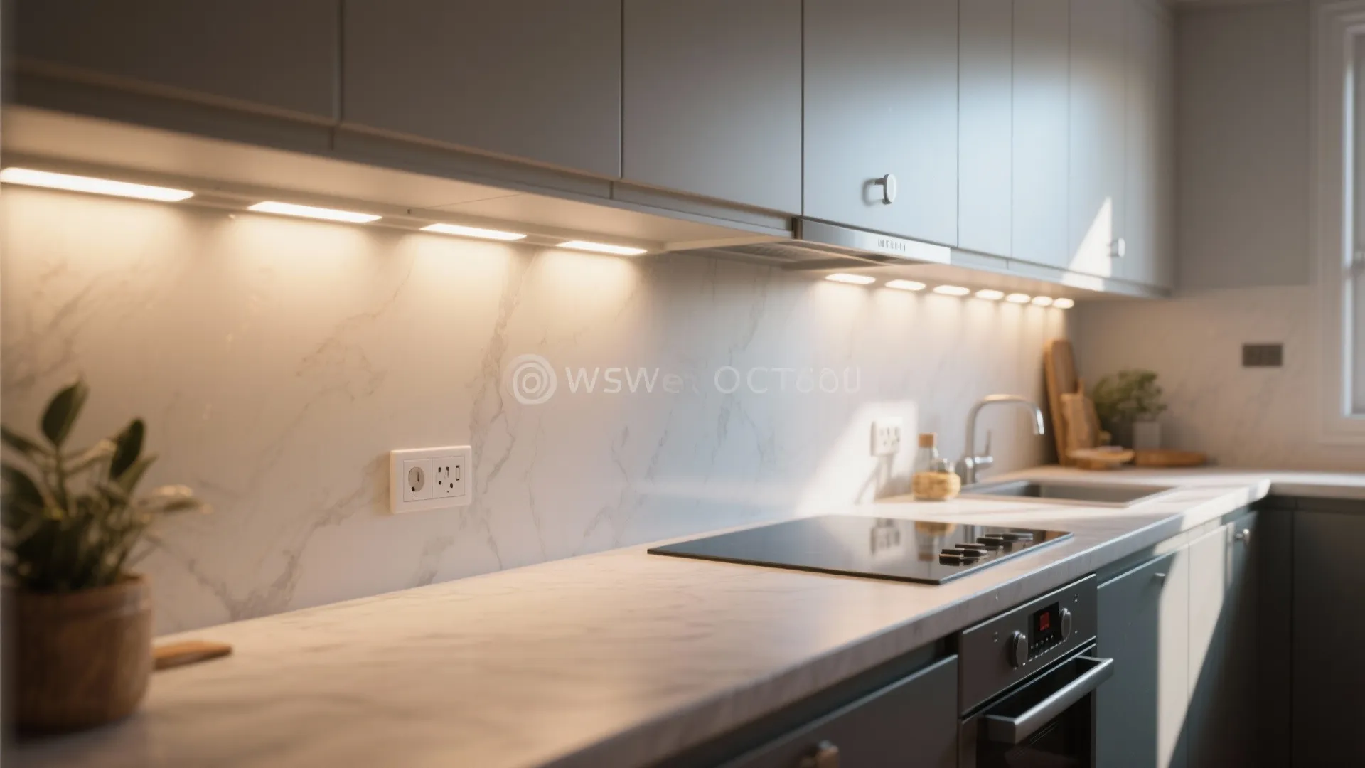 Grey kitchen cabinets with marble countertop featuring bright under cabinet lighting over a black stove