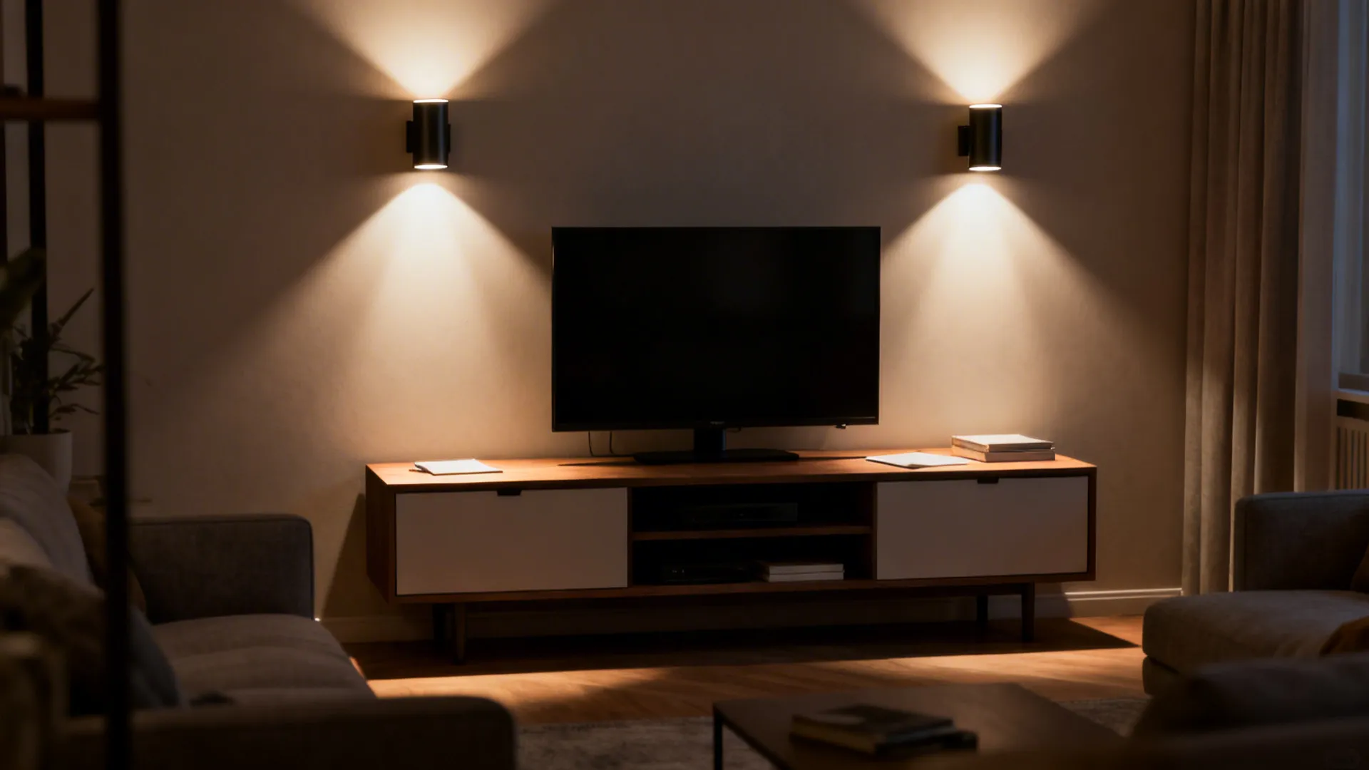 4. Adjustable task sconces above a media console