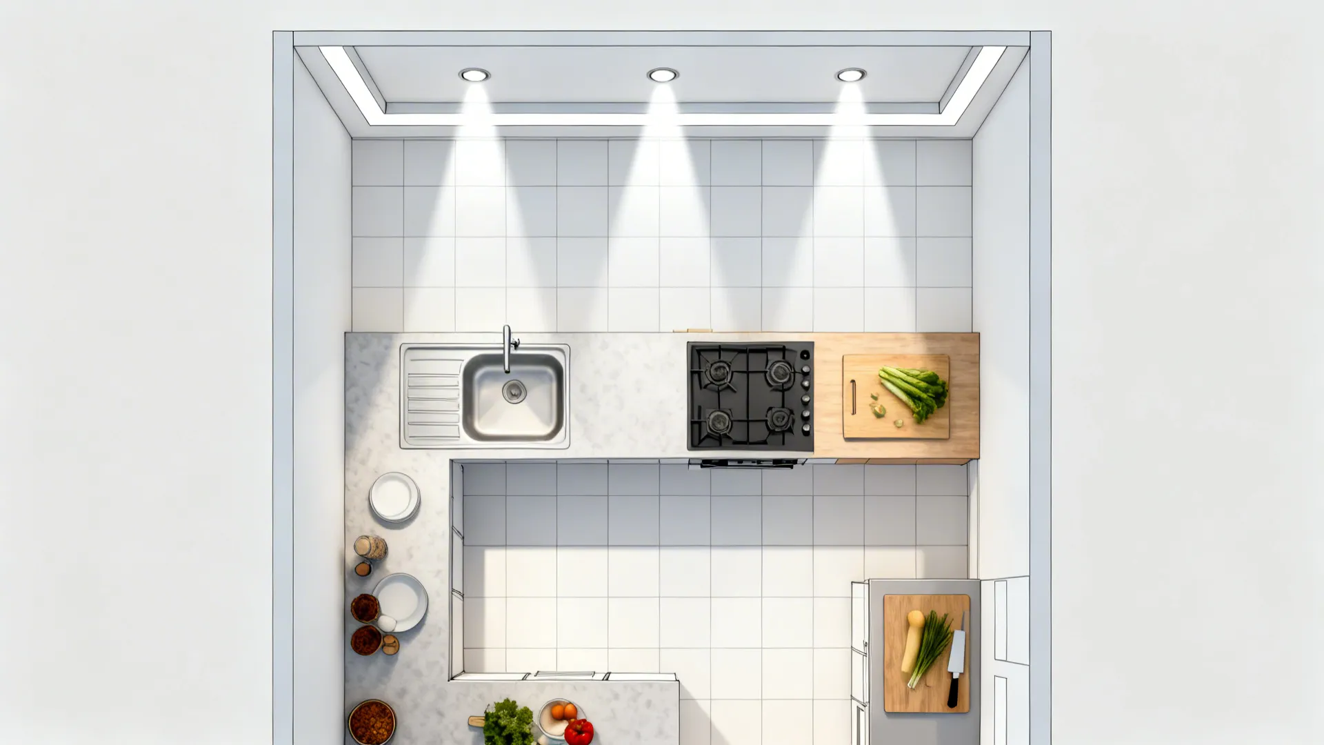 Top-down view mapping recessed spotlights to the sink, cooktop, and prep zone in a micro-tray ceiling.