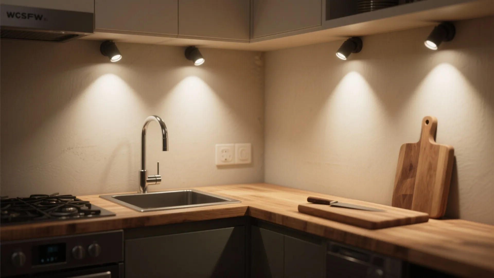 Kitchen prep area lit by adjustable recessed spot fixtures delivering precise task light.
