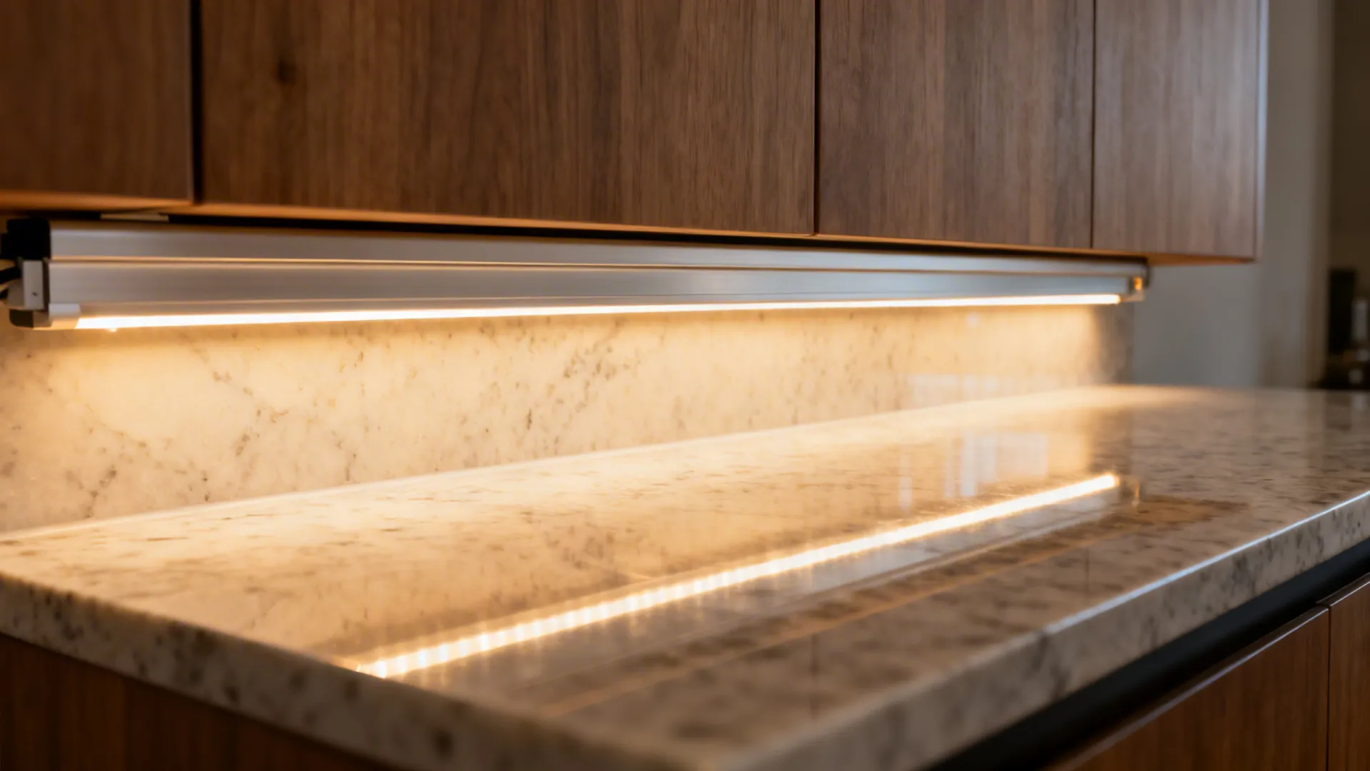 Close-up of a warm under-cabinet LED strip evenly lighting a quartz countertop.