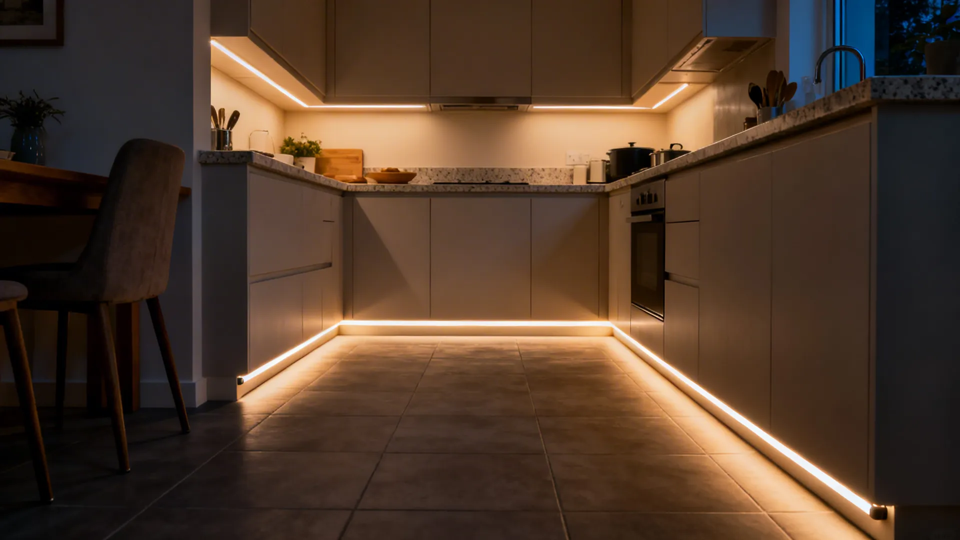 Compact kitchen at night with under-cabinet task lights and motion toe-kick LEDs creating a safe, visible path.