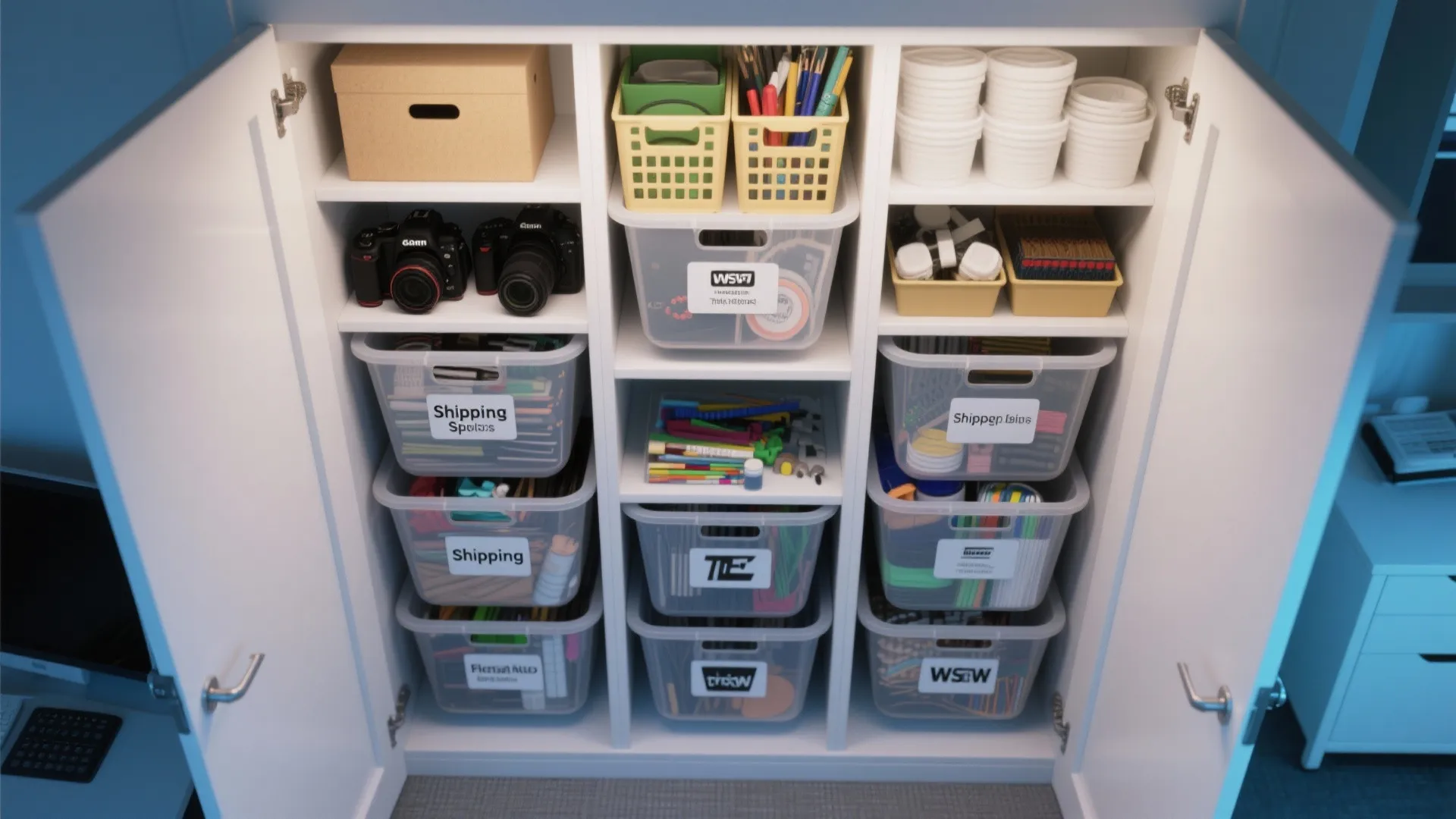White storage cabinet with open doors showing organized shelves with cameras boxes and labeled bins