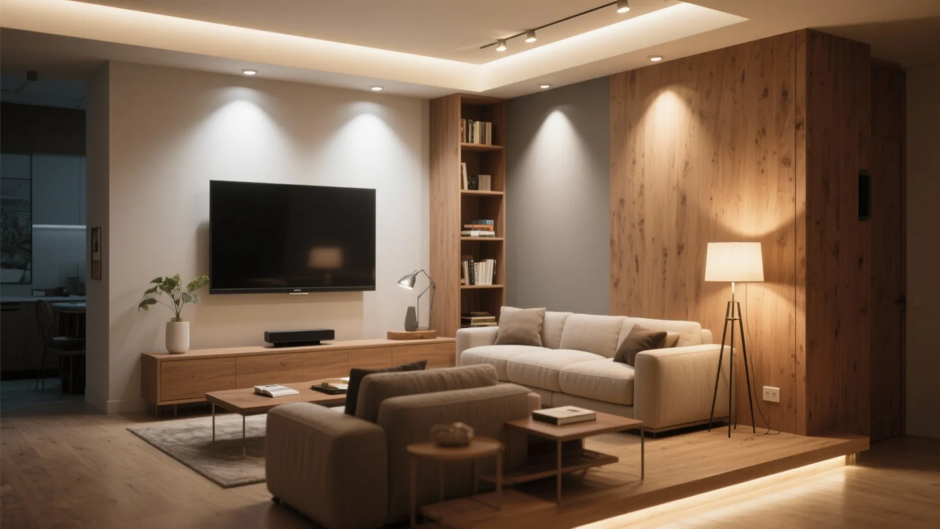 Modern warm living room with wooden wall panel, shelf, television, floor lamp, and cozy beige sofa