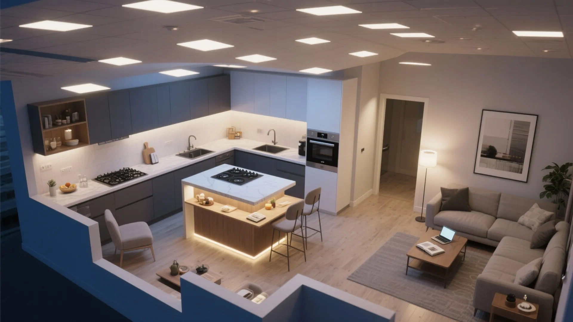 1. Layered lighting with task-focused zones