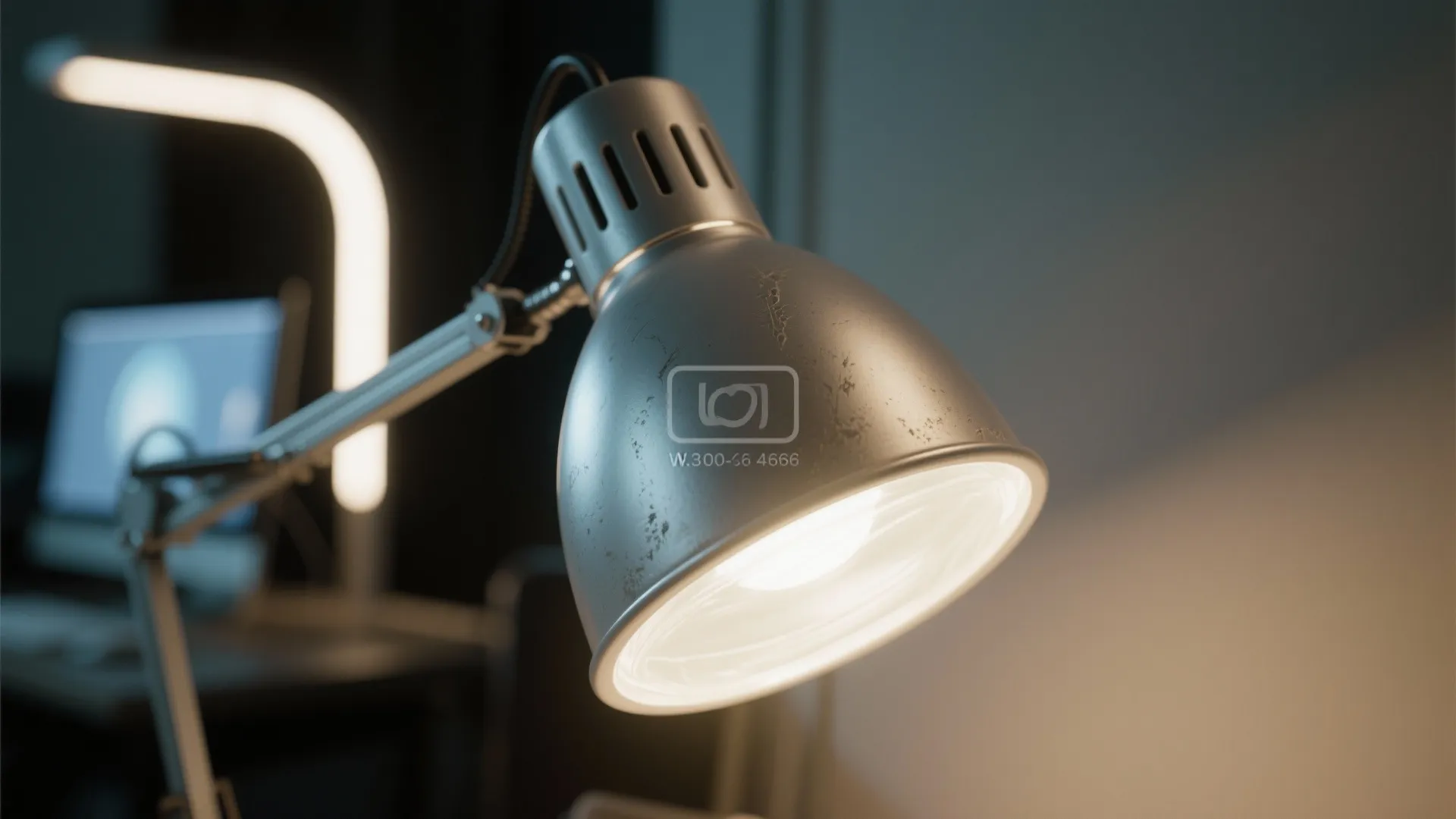 Close up shot of a silver metal desk light fixture turned on in a room