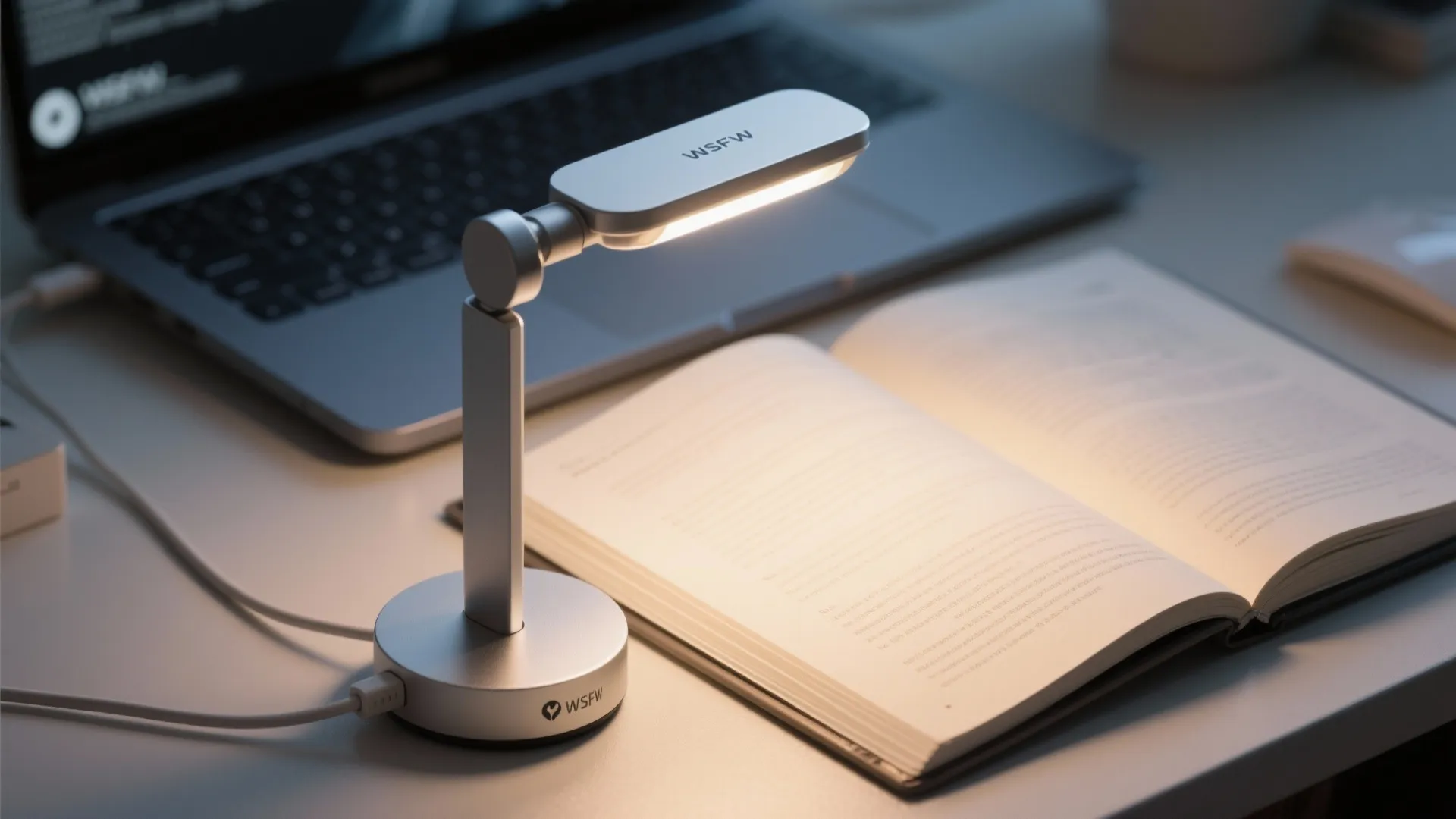 Modern silver desk lamp lighting an open book on a white desk next to laptop