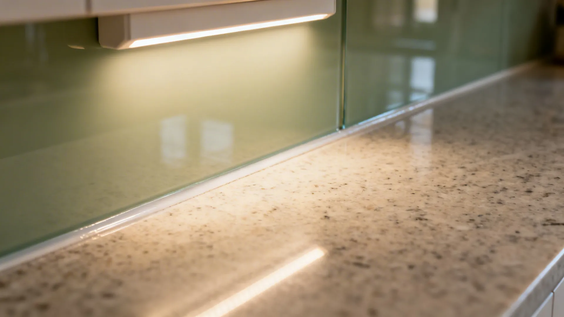 Macro of under-cabinet LED casting warm-neutral light on a glass backsplash and quartz top.