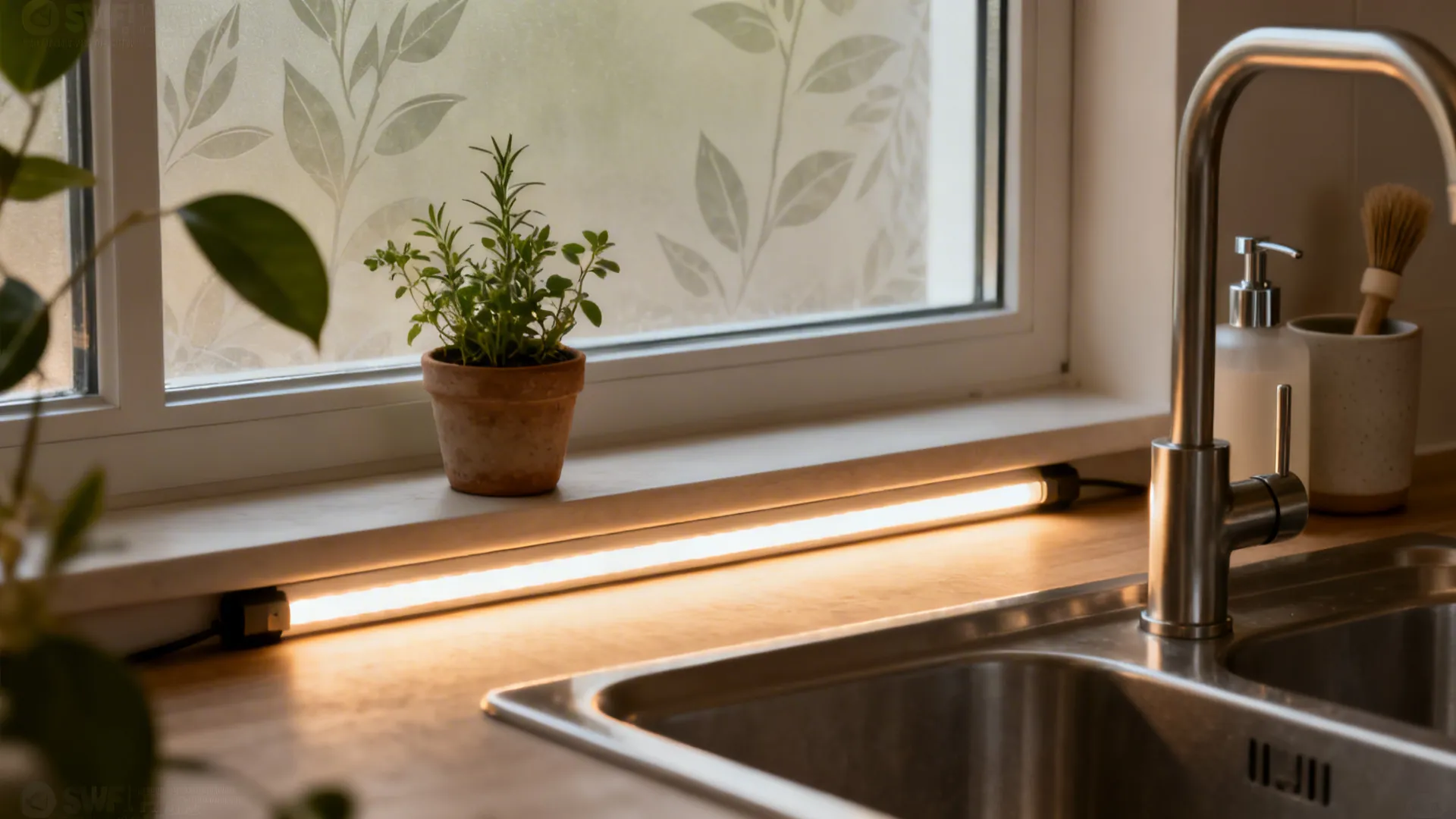 Macro of LED task lighting over a sink with a small herb pot set from the glass.
