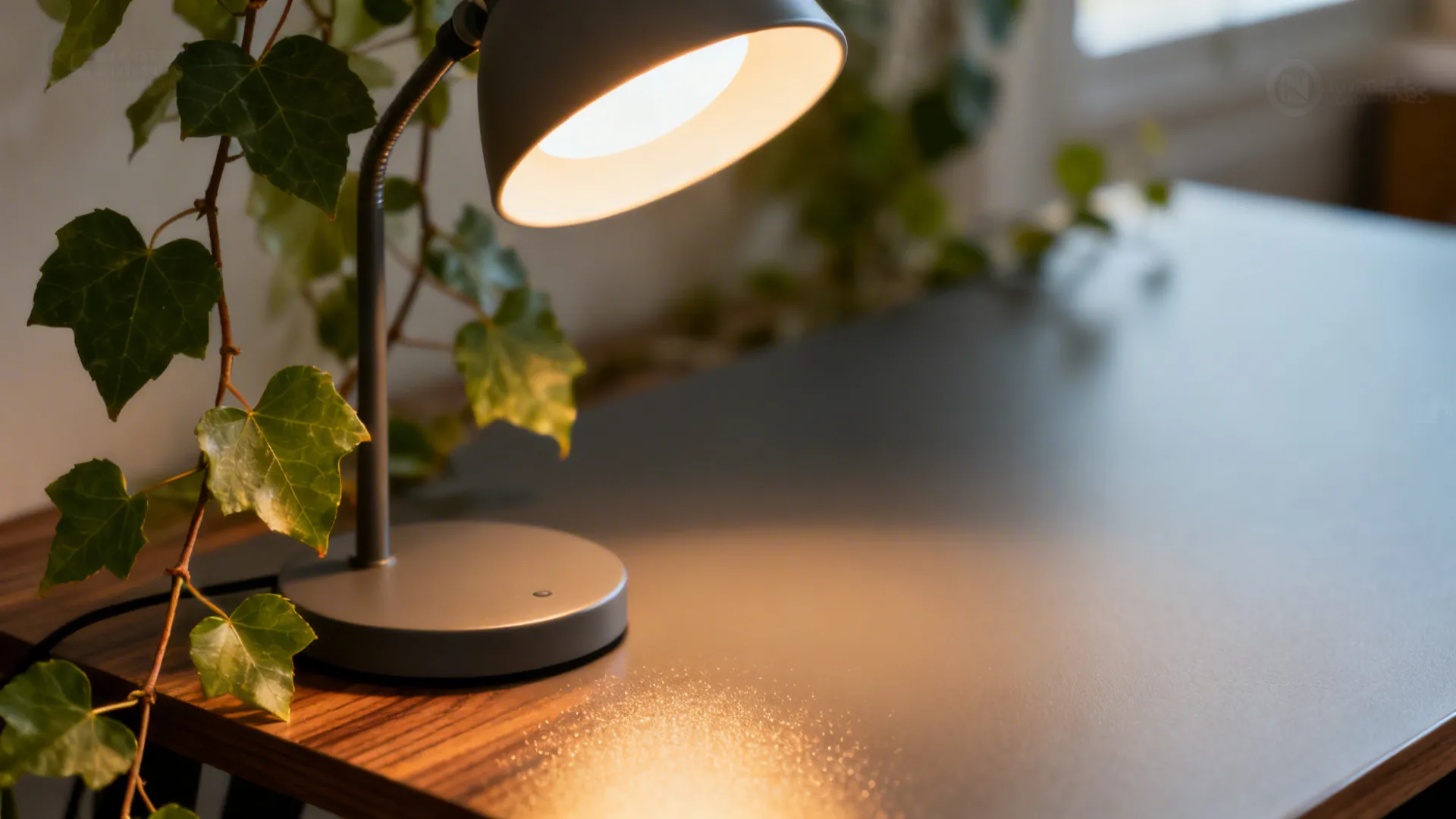 Close up of a grey desk lamp shining warm light on a wooden work surface