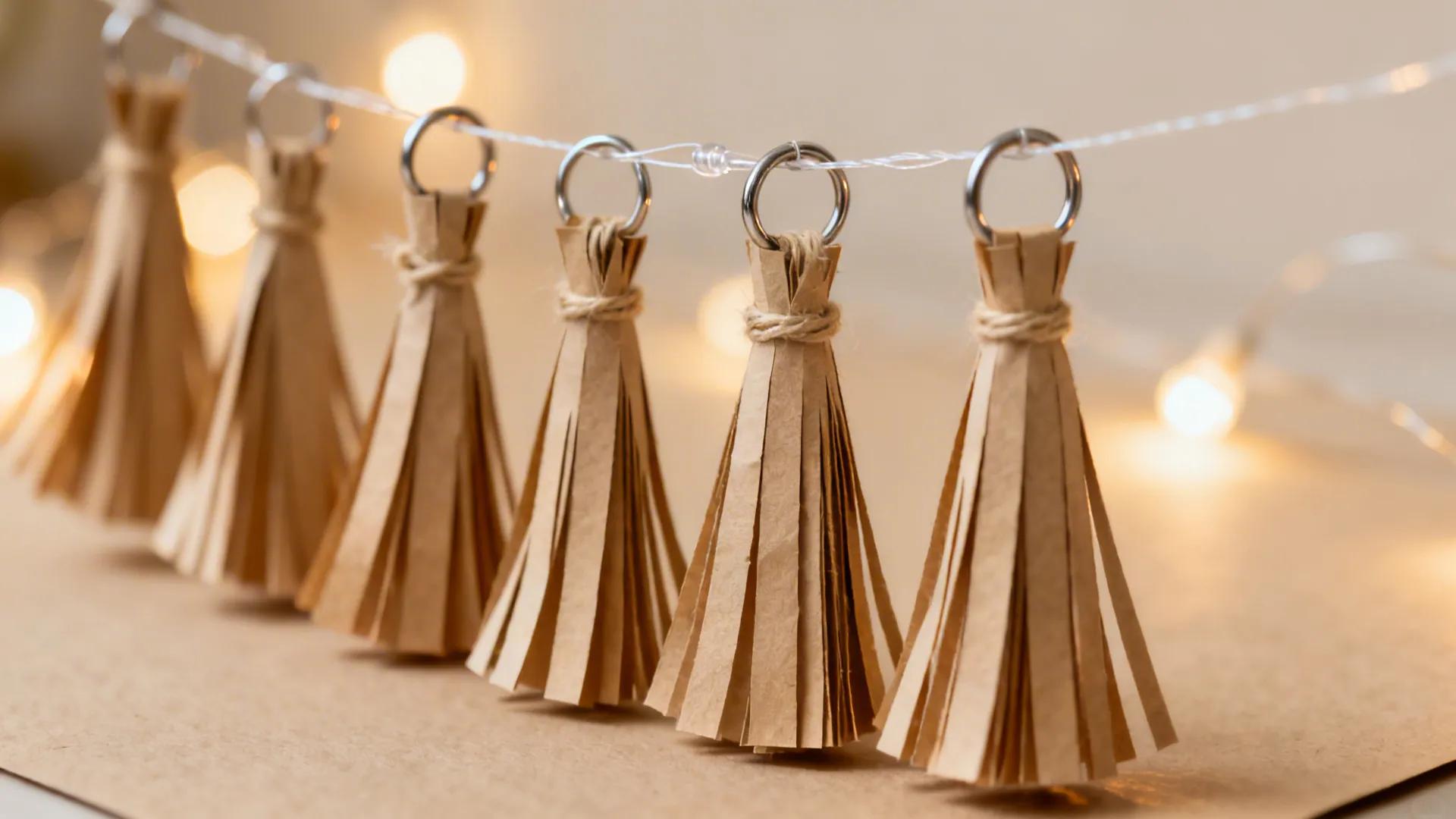 Close-up of matte paper tassels tied with fishing line under warm light.