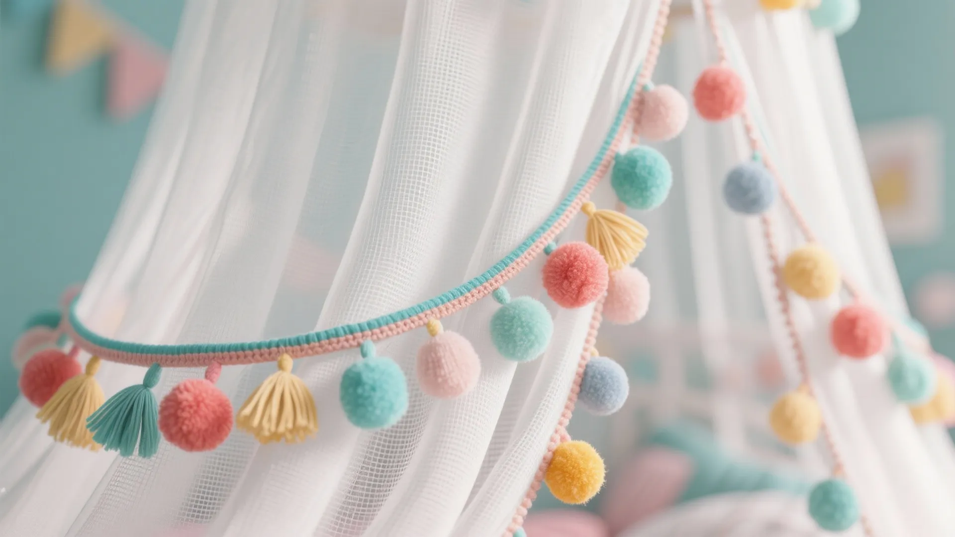 Macro of mosquito net with colorful tassel trim