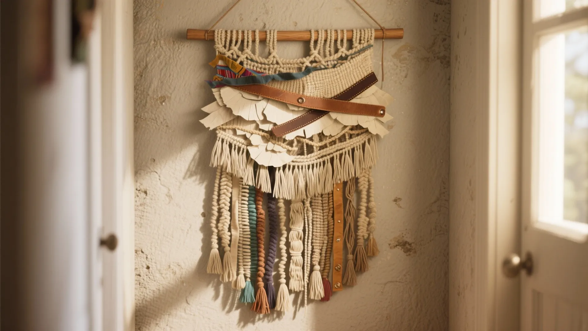 Mixed-material tassel tapestry combining paper fringe, yarn, ribbons and leather strips hung from a wooden dowel in a hallway.