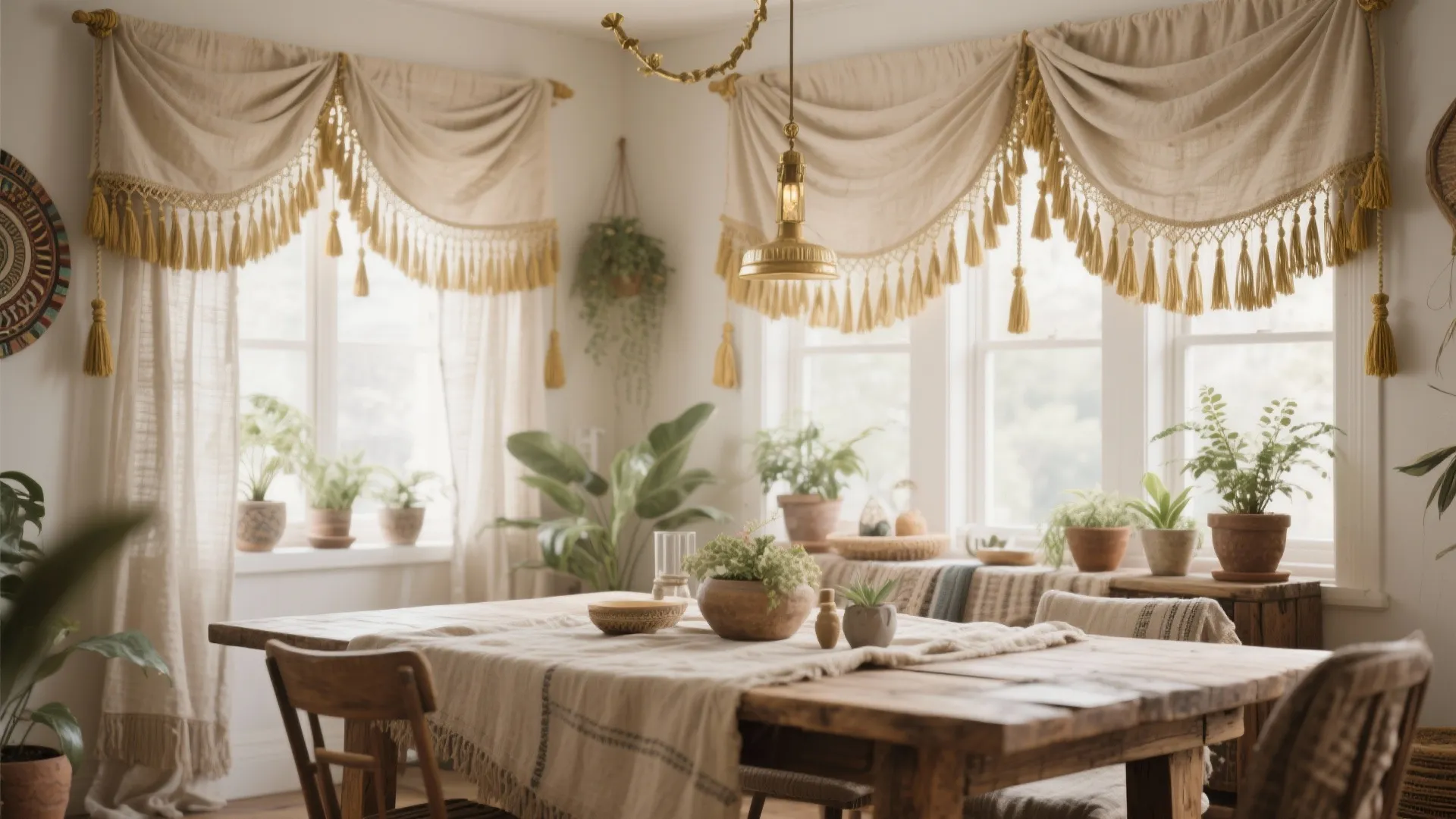 Rustic wooden dining table with cloth, green plants, large windows, beige curtains with tassels, gold light