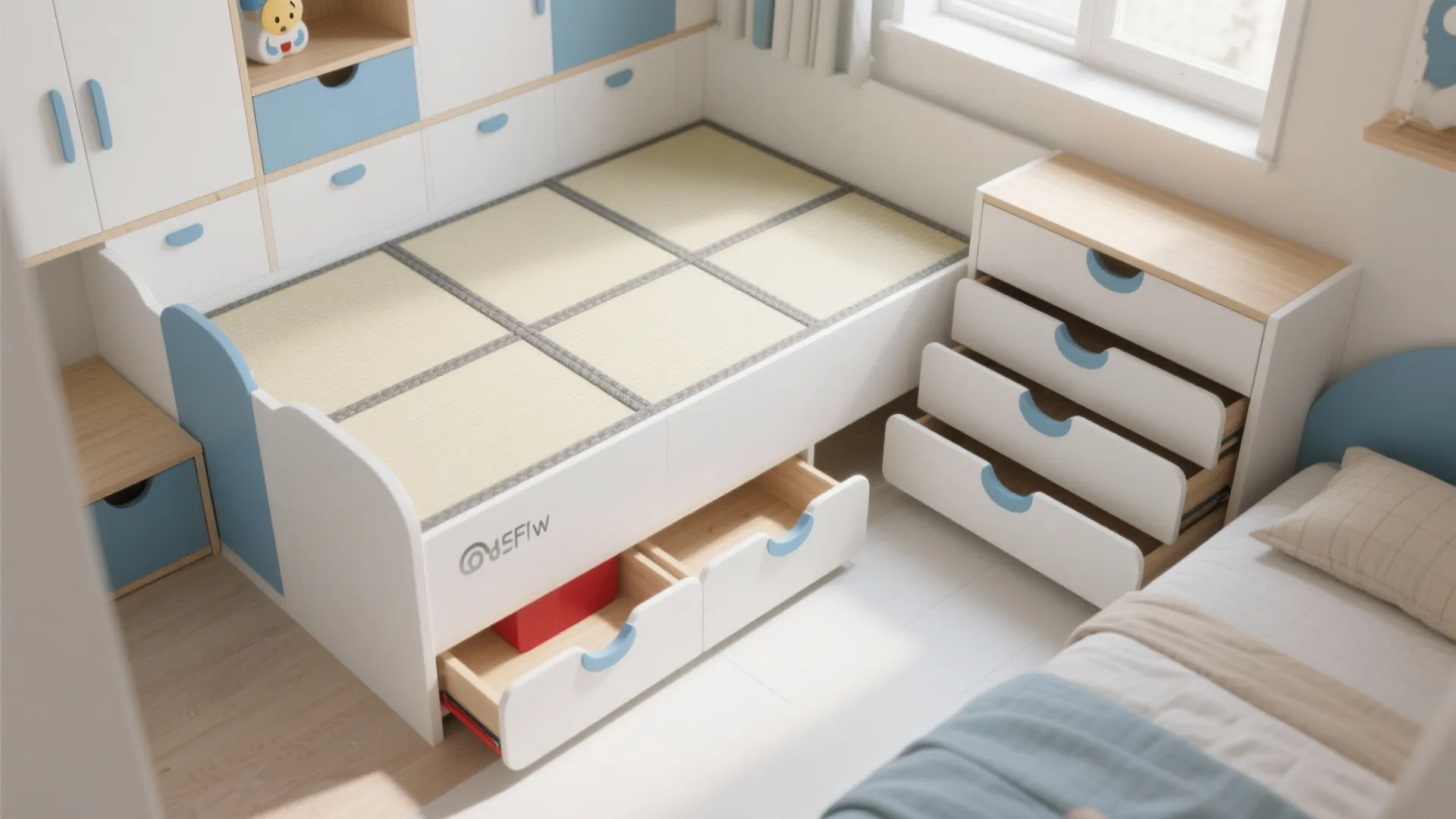 White and blue children bed with storage drawers and matching cabinet in a bright room