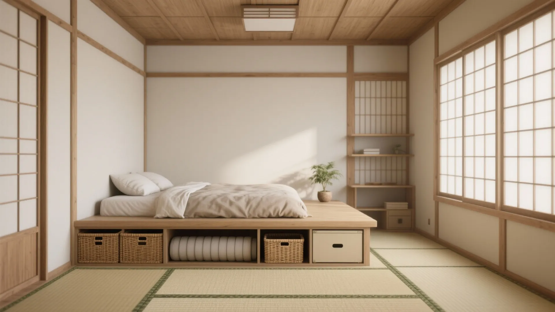 2. Tatami-style floor bed with movable storage