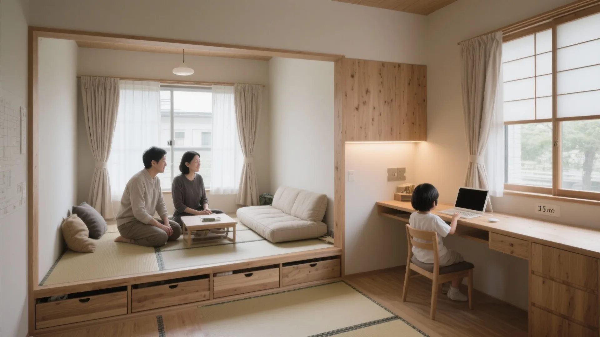 Tips 4: 親世帯は“床座リビング”、子世帯は“ワークコーナー”（日式風格 × 日本都市）