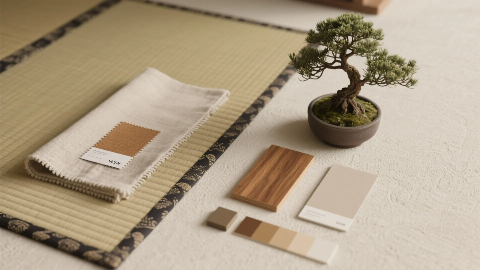 [
  {
    "url": "https://coohom-biz-sg-s3.coohom.com/ins/static/article/tatami-material-flatlay-1761883590528214900.jpg",
    "alt": "Straw floor mat with small bonsai tree wood samples fabric and neutral color palette cards"
  }
]