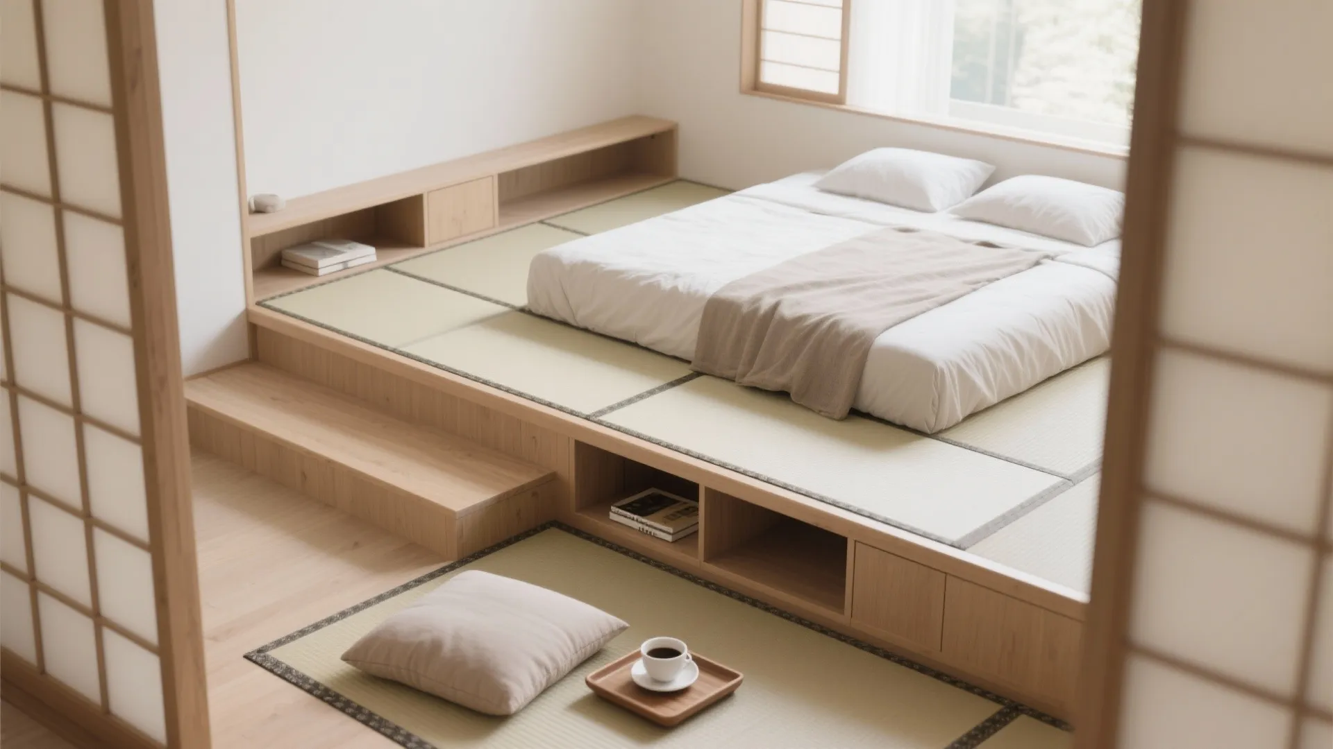 Japanese style bedroom with raised wooden platform bed white bedding floor cushions and sliding doors