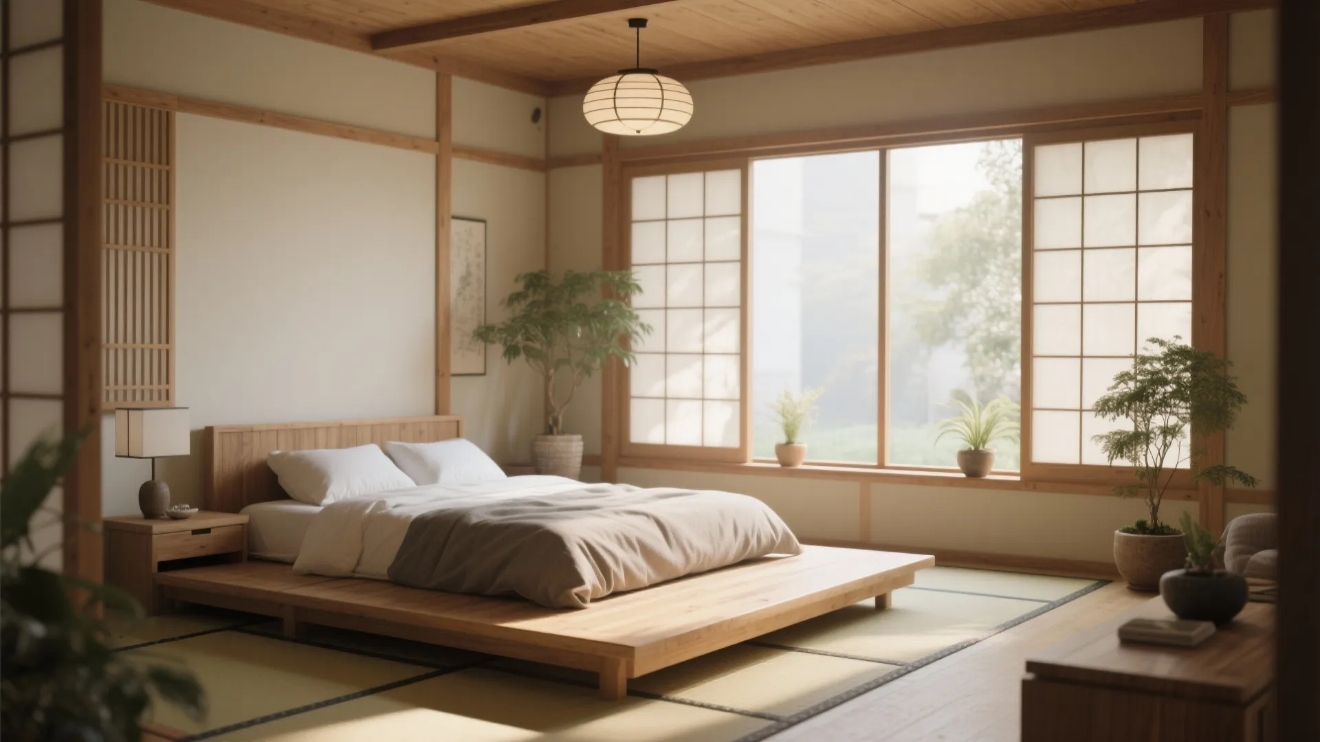 Zen-inspired living room with tatami platform bed