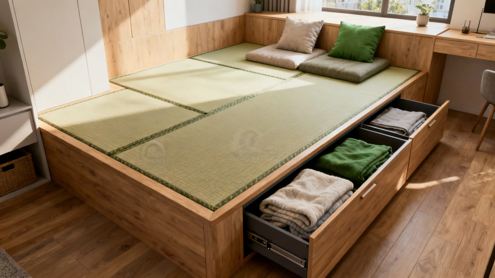 Tatami-style raised platform with built-in drawers and low cushions in a small apartment.