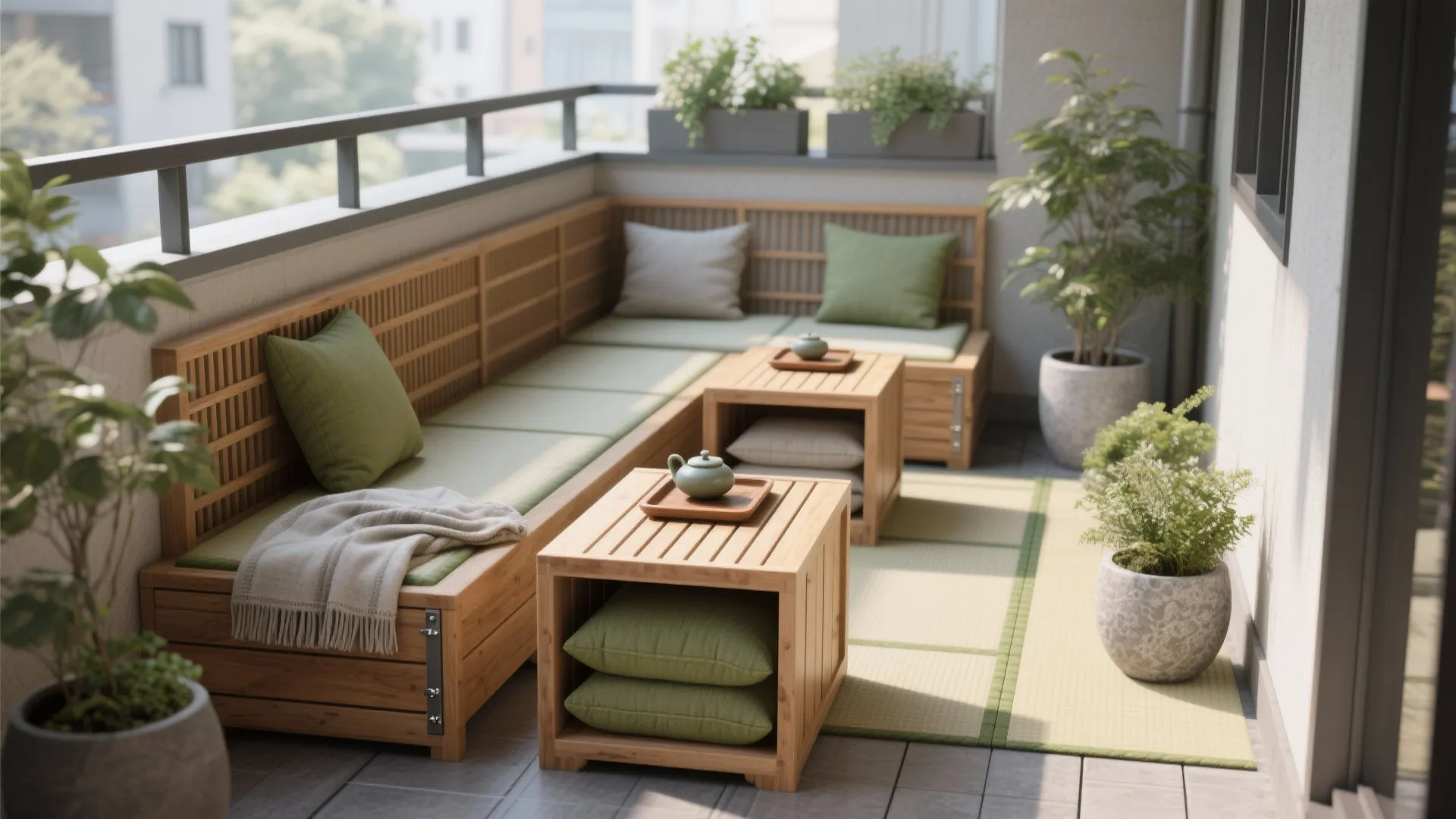 Tatami-inspired low cedar benches with slatted tops and storage, styled with tea tray and plants.
