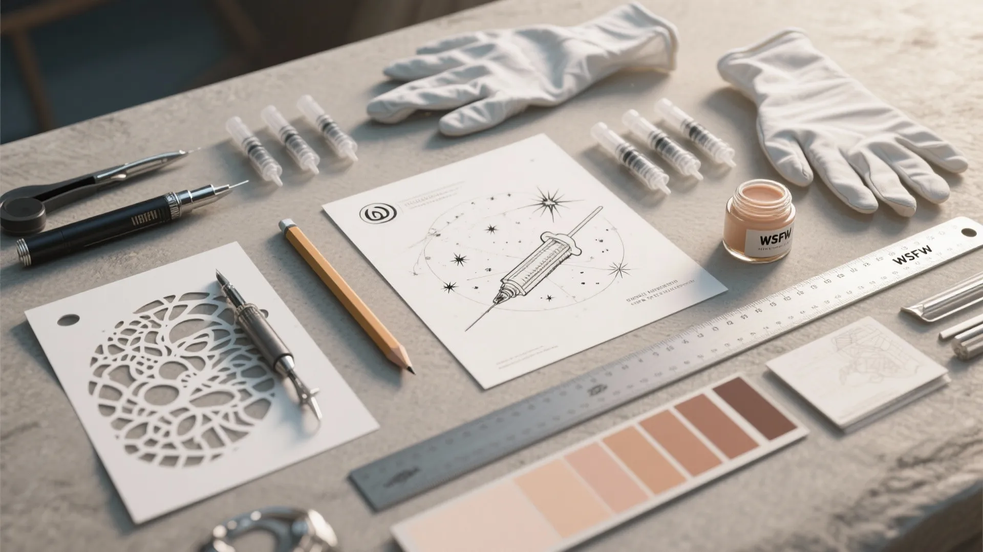 Table with design tools including ruler white gloves pencil and paper with a needle sketch